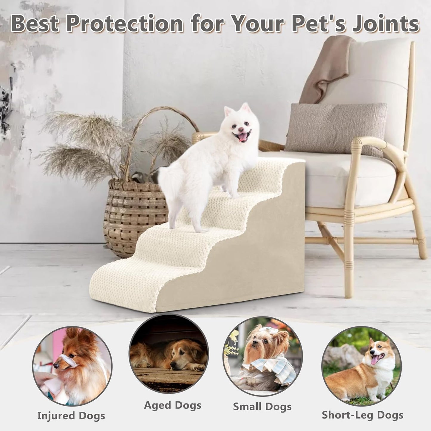 MIHIKK Dog Stairs Ramp, Curved 4-Step Dog Steps for Small Dogs and Cats, Pet Stairs for High Beds and Couch with Anti-Slip Washable Cover and Durable High Density Foam, Beige