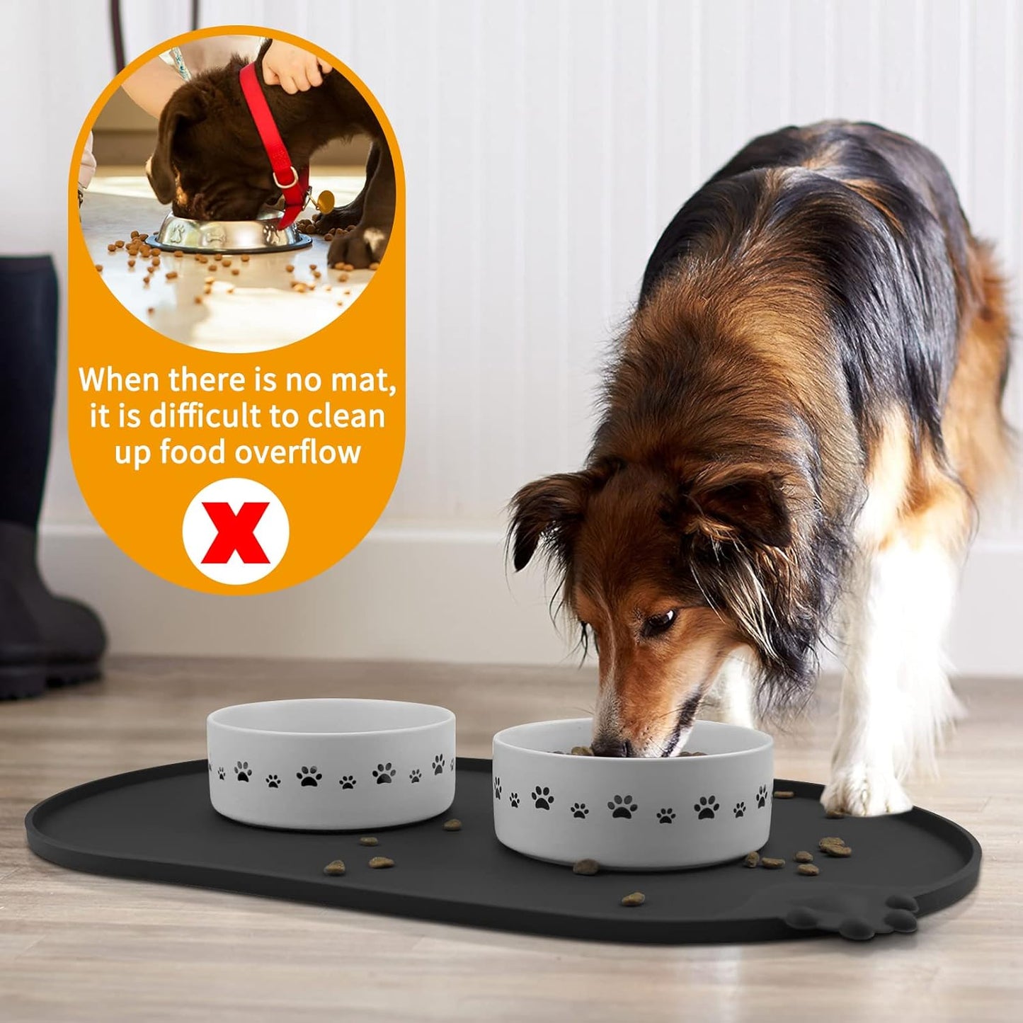 KPWACD Pet Placemat for Dog and Cat, Waterproof Silicone Dogs Feeding Bowl Mat Prevent Food and Water Overflow, High-Lips Puppy Dish Mats Suitable for Small Medium Big Pets, Black, 24" * 16"