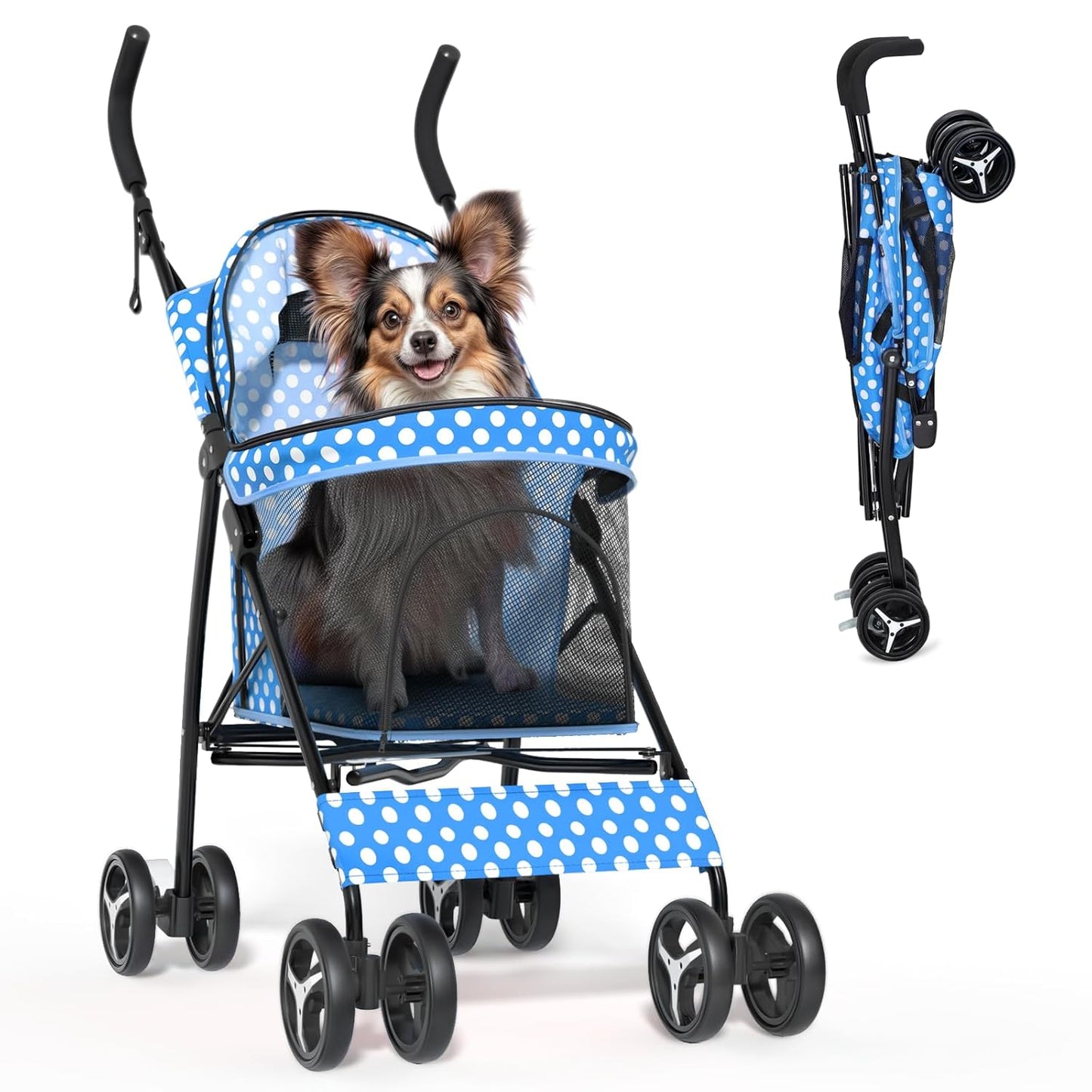 Magshion Compact Pet Stroller for Small-Medium Dogs/Cats up to 22lbs, 4-Wheel Lightweight Umbrella Shaped Portable Puppy Travel Jogger with Breathable Mesh & Rear Storage, Sky Blue Polka Dots