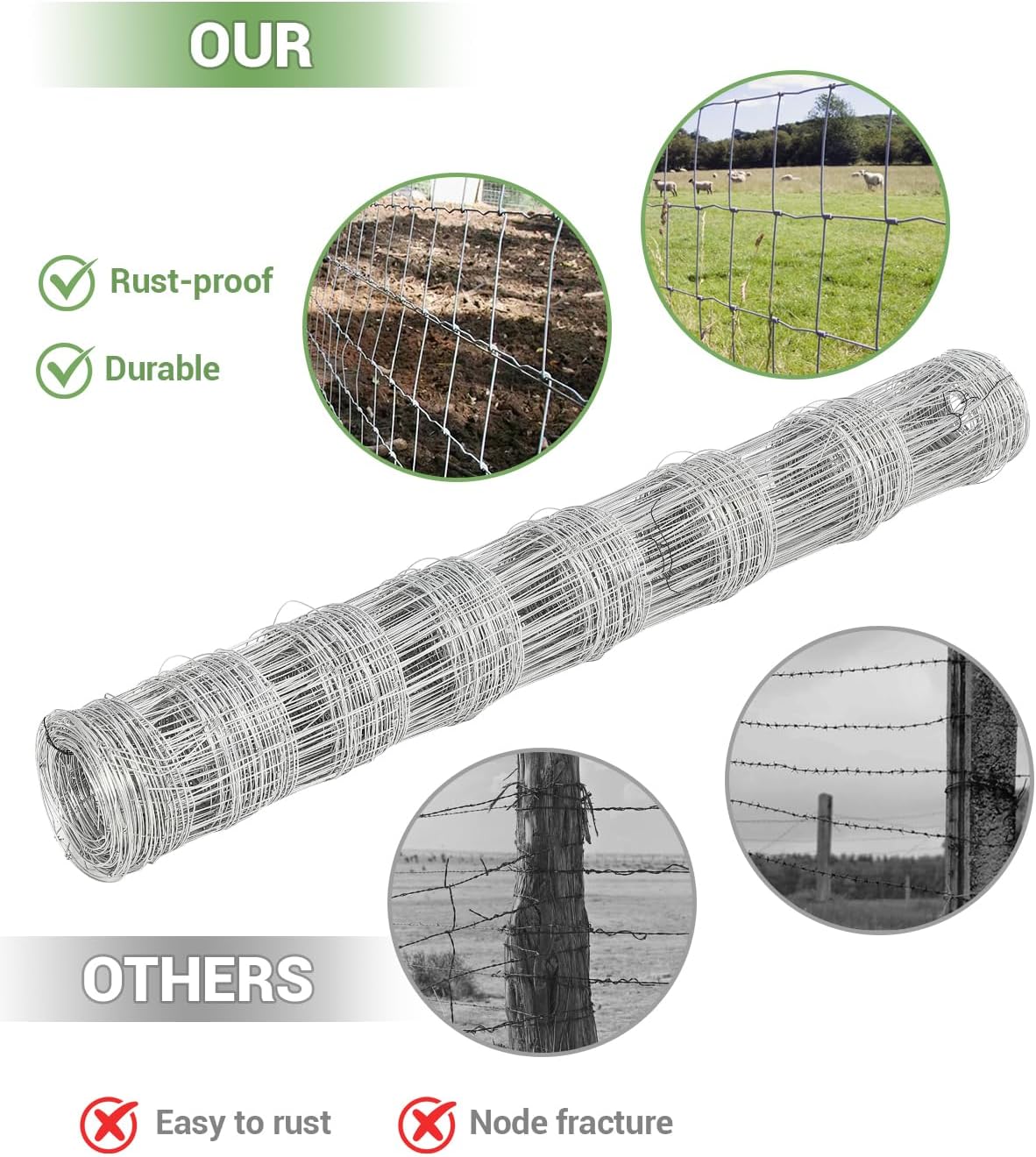 Cattle Farm Fence, 4ft x 328ft Galvanized Wire Fencing for Goat Deer Hog Yard Livestock Animals Protection