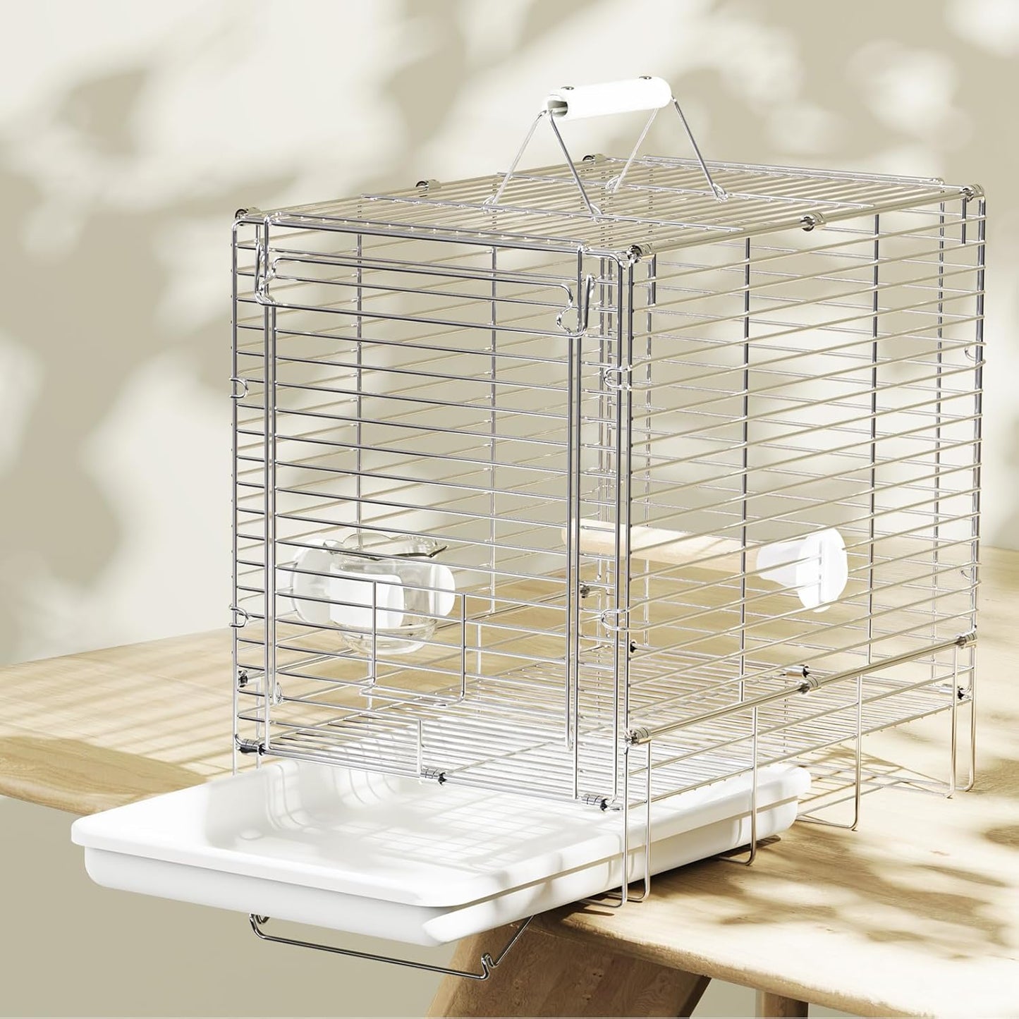 Bird Carrier Travel Cage - 304 Stainless Steel Portable Folding Bird Travel Cage with Parrot Feeder Cups & Standing Perch for Smaller Birds Conures Lovebird Cockatiel Parakeets (White)
