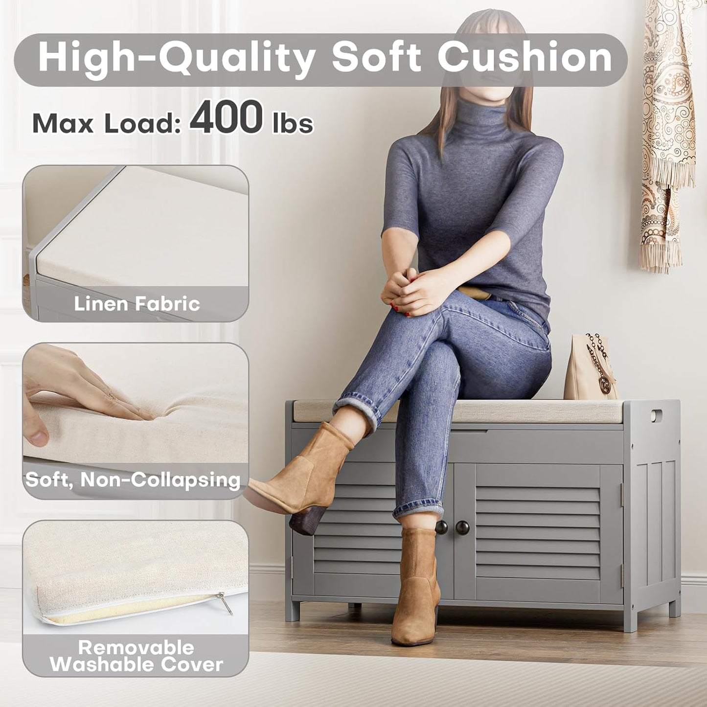 Shoe Storage Bench with Lift Top Storage, Entryway Bench with Cushioned Seat, Adjustable Shelf, 2 Tier Shoe Rack with Doors for Entryway, Bedroom, Hallway, Mudroom, Grey