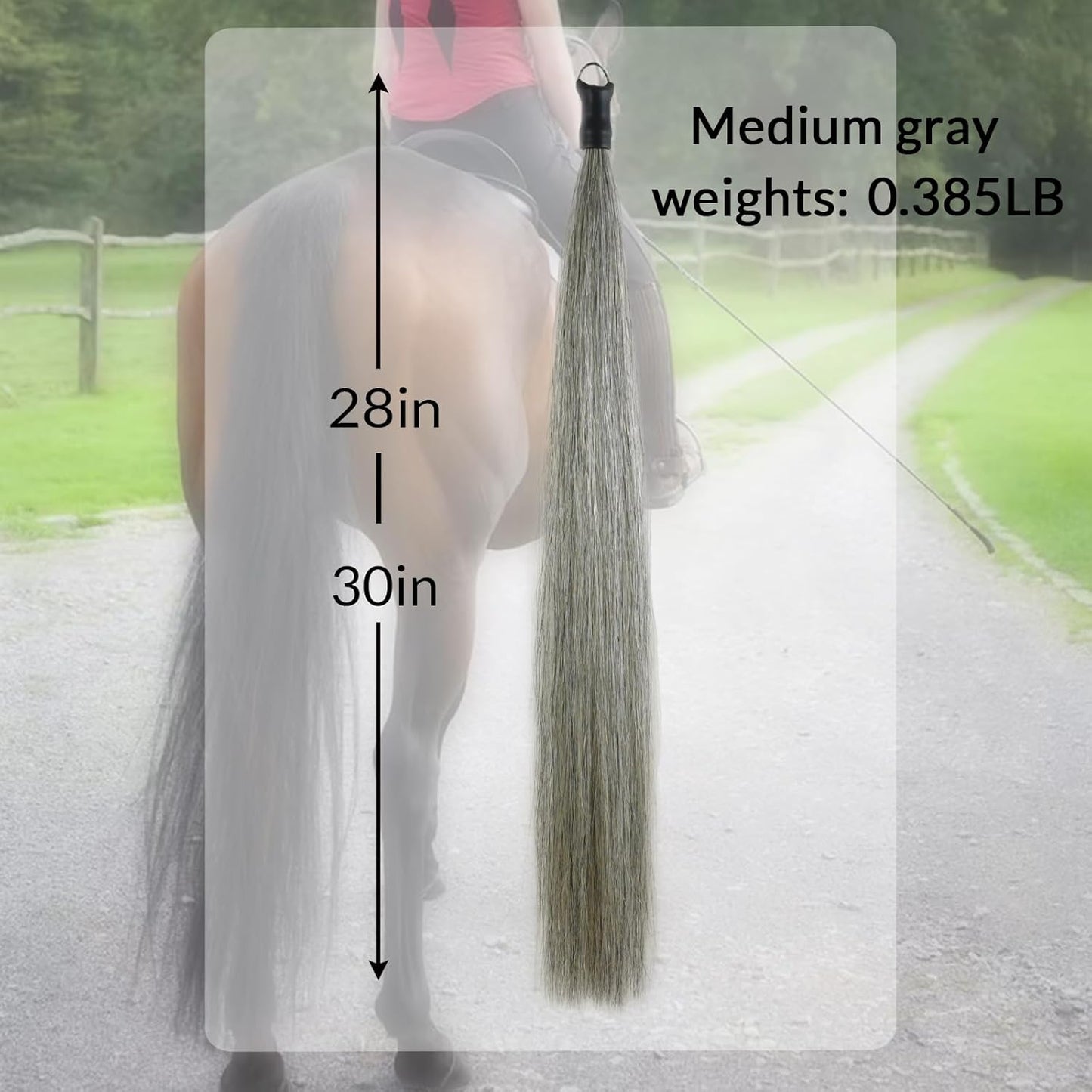 Horse Tail Extension with Braided Horsehair Loop, Blunt Cut Bottom, 3/8 lb, 28-30 inches (Medium gray)