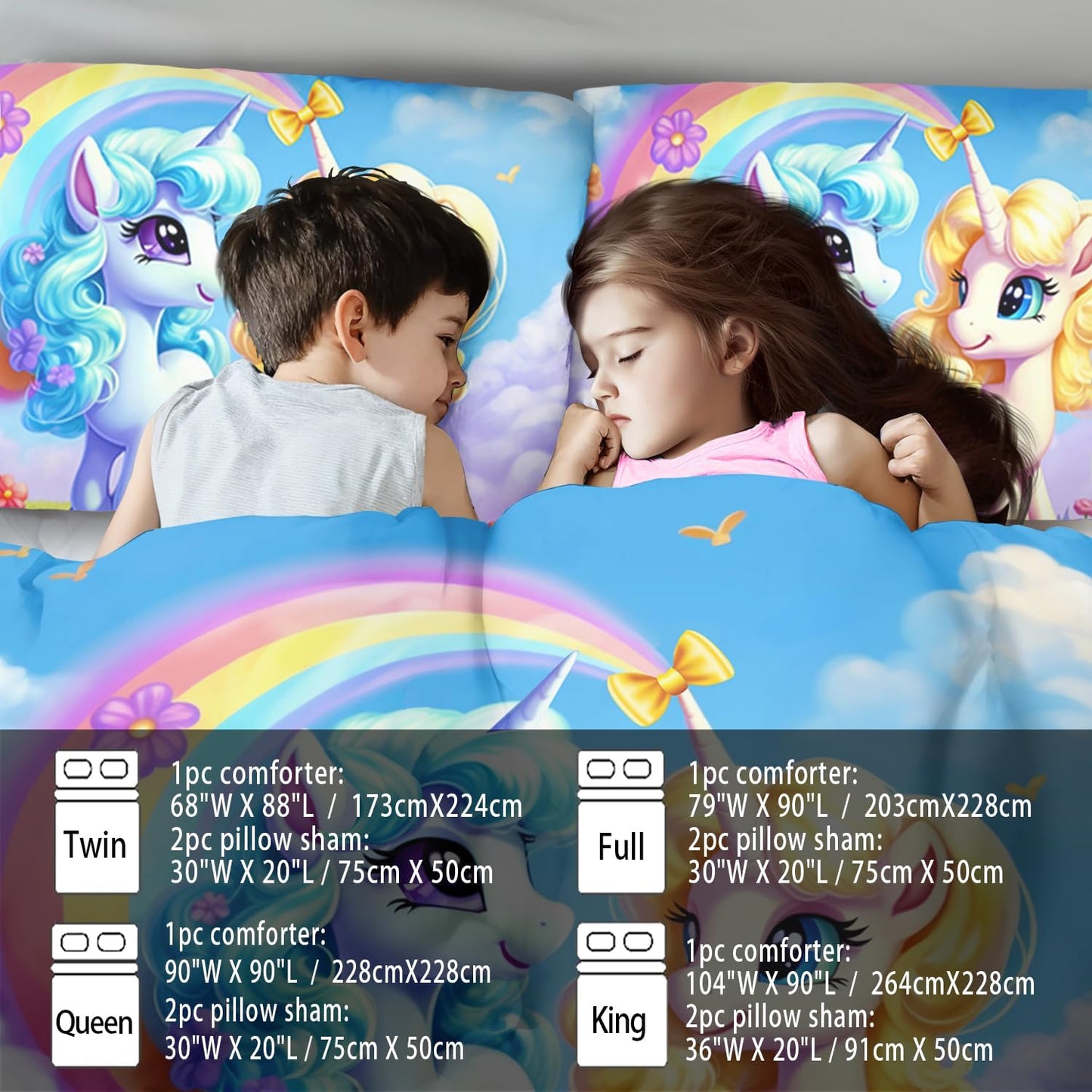 Unicorn Comforter Set Twin,Kawaii Unicorn Bedding Set Twin Kids,Rainbow Comforter Blue Bedroom Decor,Cute Animal Bedding Rainbow Bed Decor for Girls,Cartoon Blue Floral Quilt