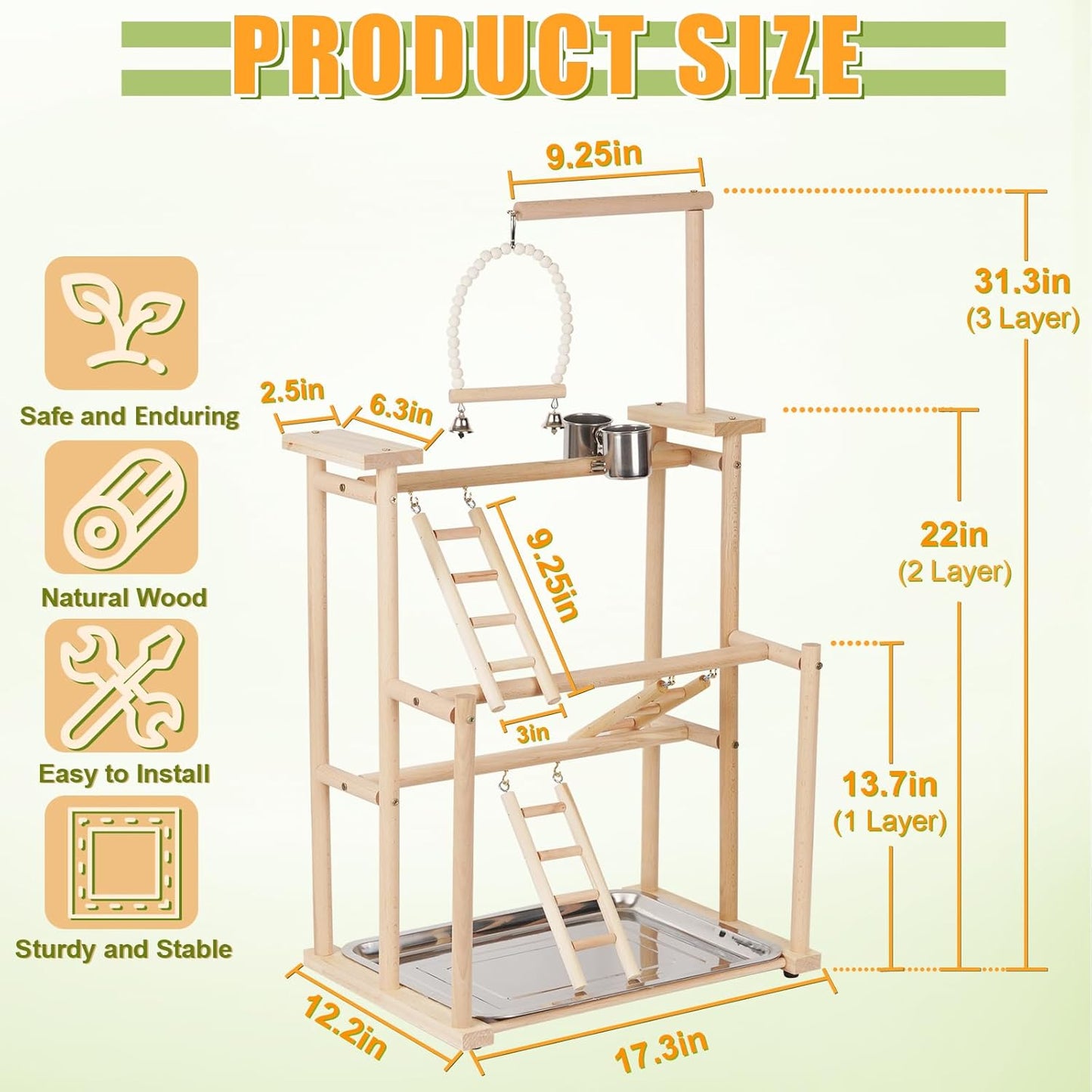 Pet Parrot Playstand Parrots Bird Playground Bird Play Stand Wood Perch Gym Playpen Ladder with Feeder Cups Bells for Cockatiel Parakeet (3 Layers)