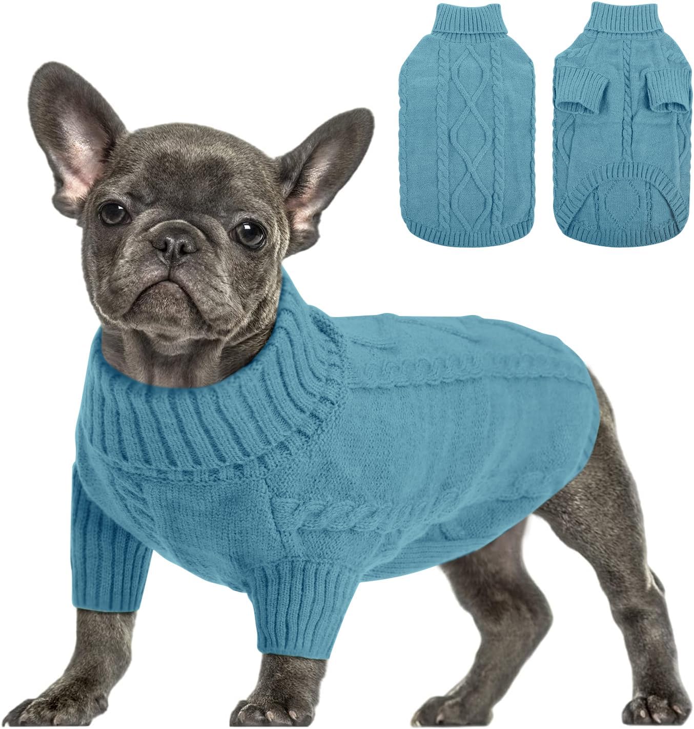 Queenmore Small Dog Pullover Sweater, Cold Weather Cable Knitwear, Classic Turtleneck Thick Warm Clothes for Chihuahua, Bulldog, Dachshund, Pug (Peacock Blue, Small)