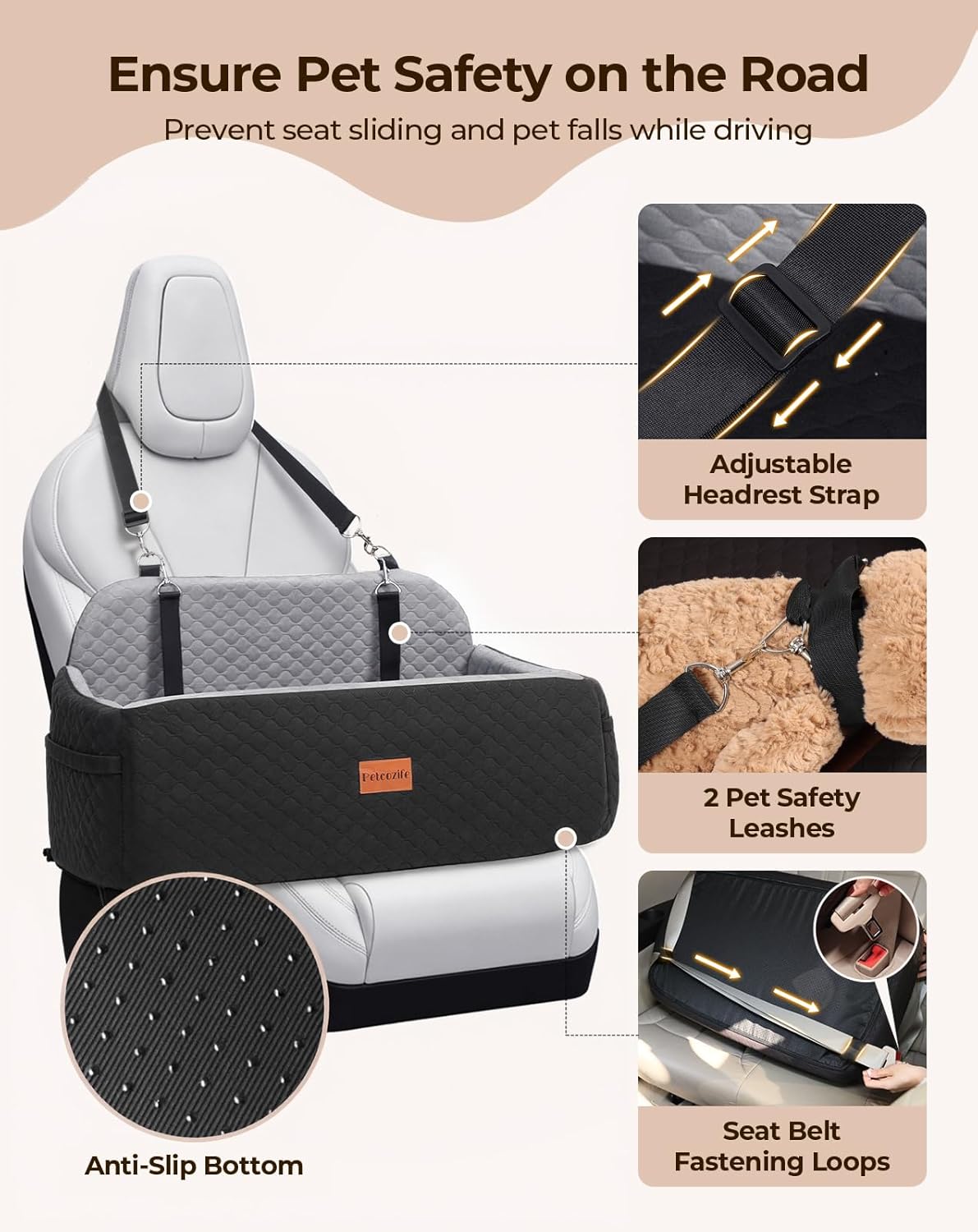 Dog Car Seat for Large Medium Dogs, Pet Car Seat Under 55 lbs or 2 Puppies, Removable Washable Pets Travel Booster Bed for Automotive Backseat with Comfy Thick Cushion, 2 Safety Leashes(Black/Gray)