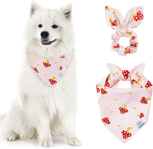 E-Clover Pink Buffalo Plaid Dog Bandanas & Matching Scrunchie Set Cute Dog Scarf Bibs Girl Pet Bandana with Bow Tie for Medium Large Dogs Owner Mom