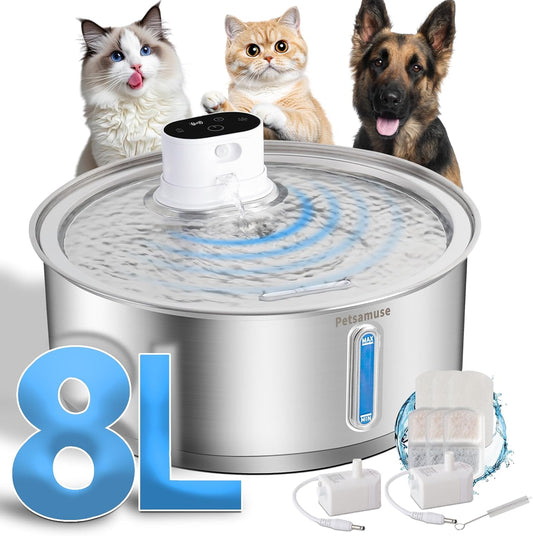 Wireless Dog Water Fountain, 2.1Gal/8L Battery Operated Stainless Steel Pet Water Fountain Motion Sensor Dog Water Bowl Fountain Large Dog Bowl Inside with 3 Filters and 2 Ultra Quiet Pumps