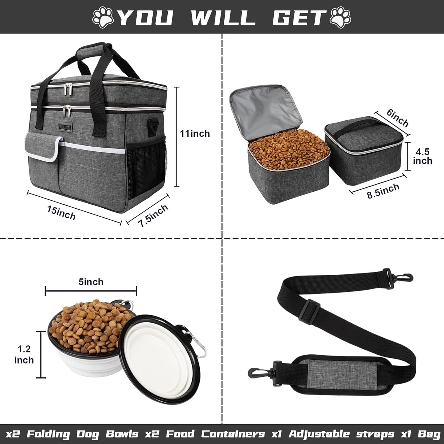 BAGLHER Dog Travel Bag for Supplies - Double-Layer Airline Approved Weekend Pet Travel Organizer Set for Dog and Cat Tote with 2 Pet Food Containers and 2 Collapsible Silicone Bowls Grey