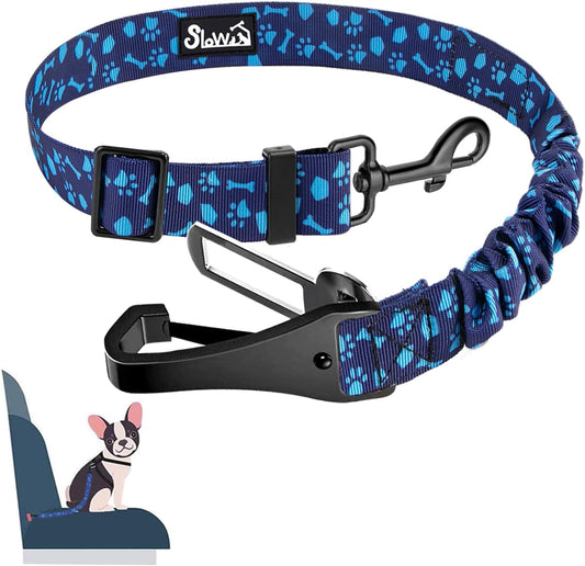 SlowTon Dog Seat Belt, Adjustable Dog Safety Belt Leash, 2 in 1 Latch Bar Attachment Dogs Car Seatbelt with Elastic Nylon Bungee Buffer, Reflective Nylon Belt Tether Connect (BL Dog Paw)