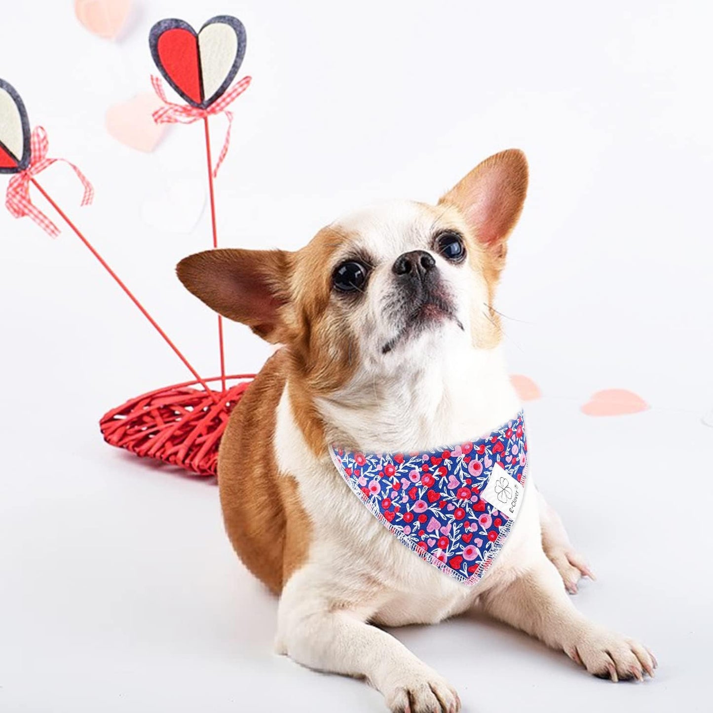 E-Clover Cute Girl Dog Bandanas & Matching Scrunchie Set Heart Dog Bandana Scarf with Bow Hair Ties for Medium Large Dogs Pet Owner Mom Gifts Pink Floral