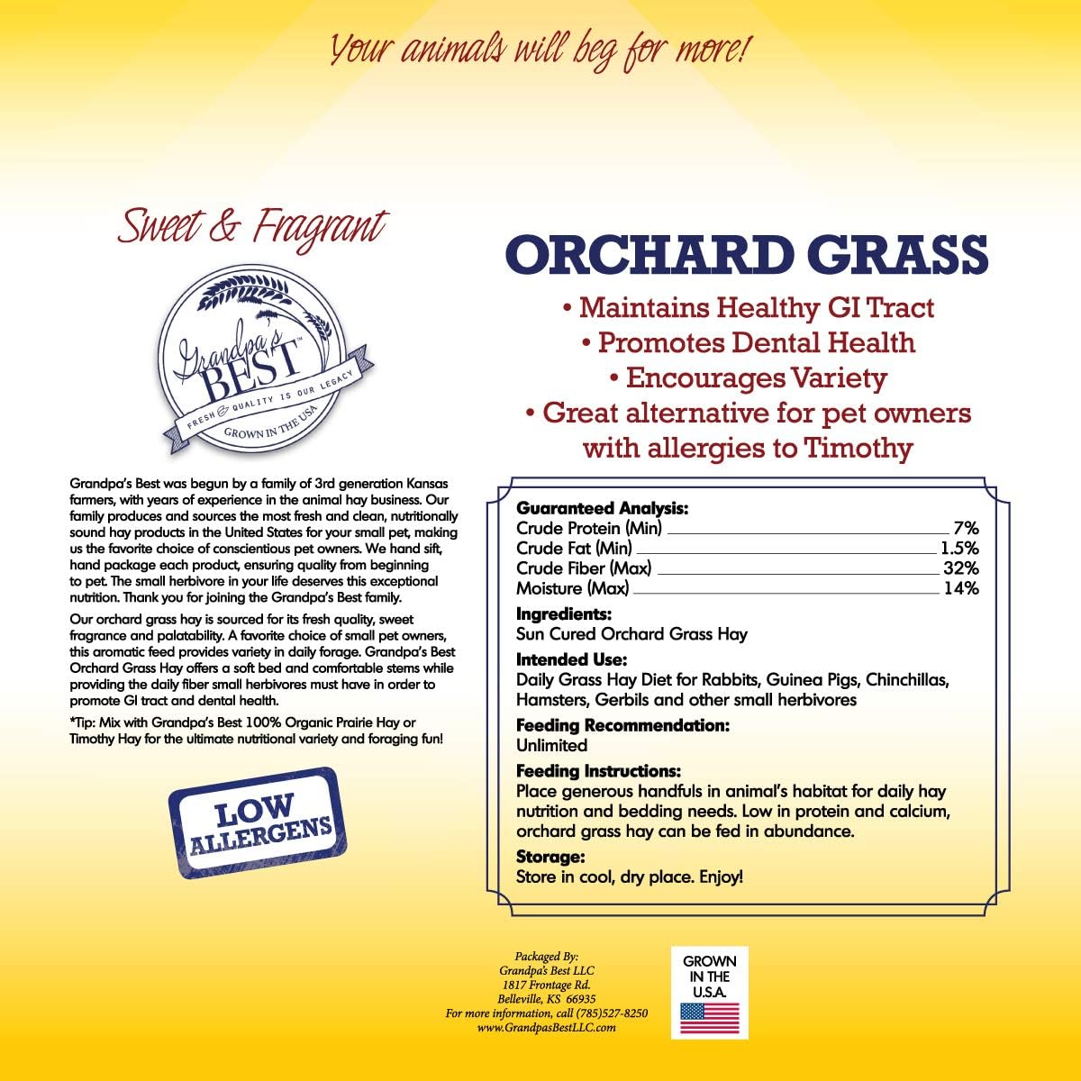 Grandpa's Best Orchard Grass Bale for Rabbits, Guinea Pigs, Chinchillas, Hamsters & Gerbils, 10 Lbs (Packaging may vary)