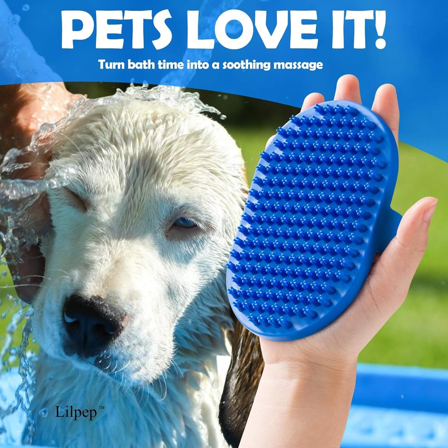 Lilpep Dog Bath Brush, Rubber Pet Shampoo Brush with Silicone Bristles for Massaging Grooming, Removing Short Haired Dogs Cats Shedding, Tangles and Dead Undercoat (Blue, plum brush)