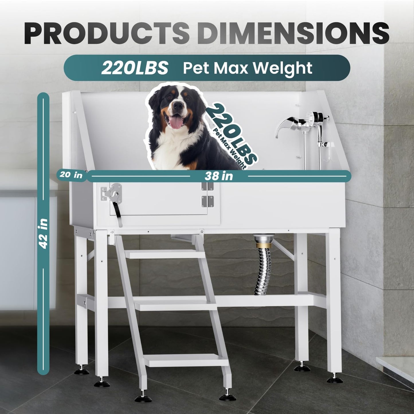 Dog Washing Station for Home, 38" White Professional Stainless Steel Dog Grooming Tub, Height Adjustable Dog Bathing Station, Upgrade Parts, Dog Bath Tubs for Small & Medium Dogs(Left Stair)