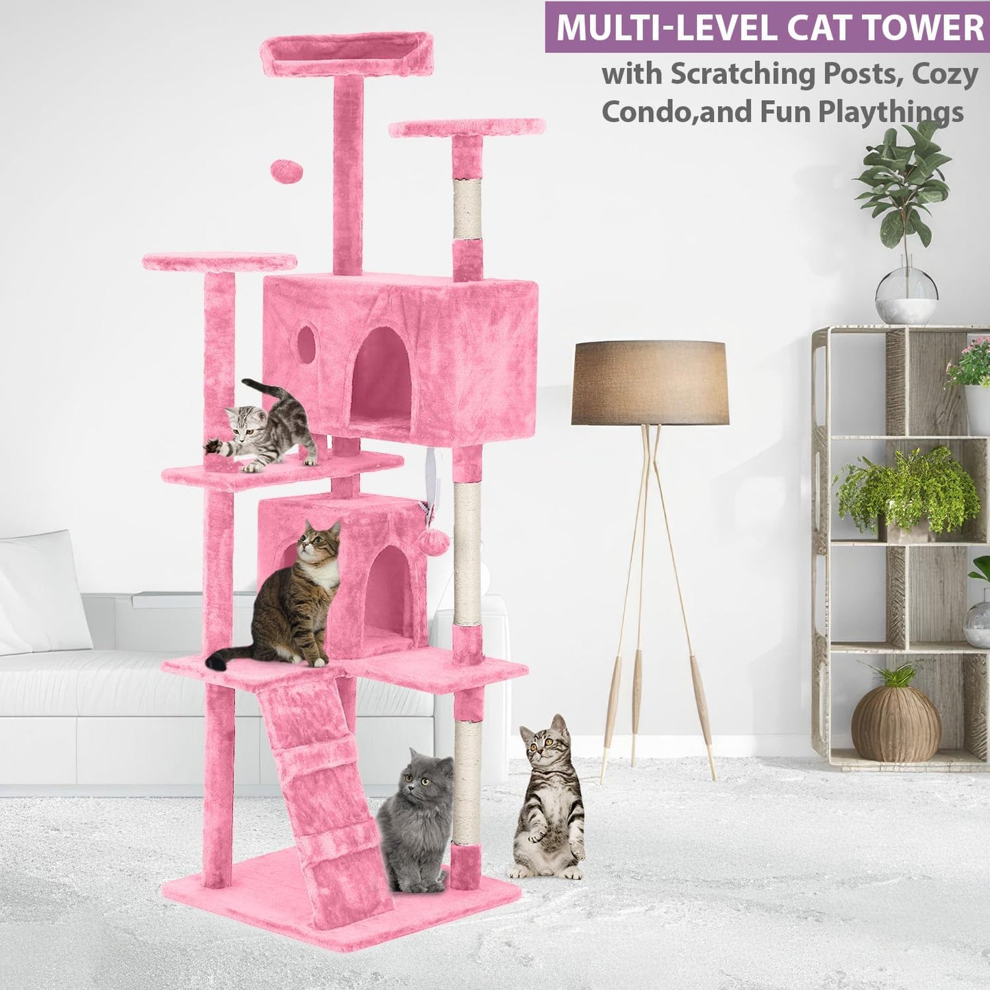70 inches Cat Tower for Indoor Cats Multi-Level Cat Condos for XL Cat Tree Cat Climbing Tower with Scratching Posts, Hanging Toys,Pink