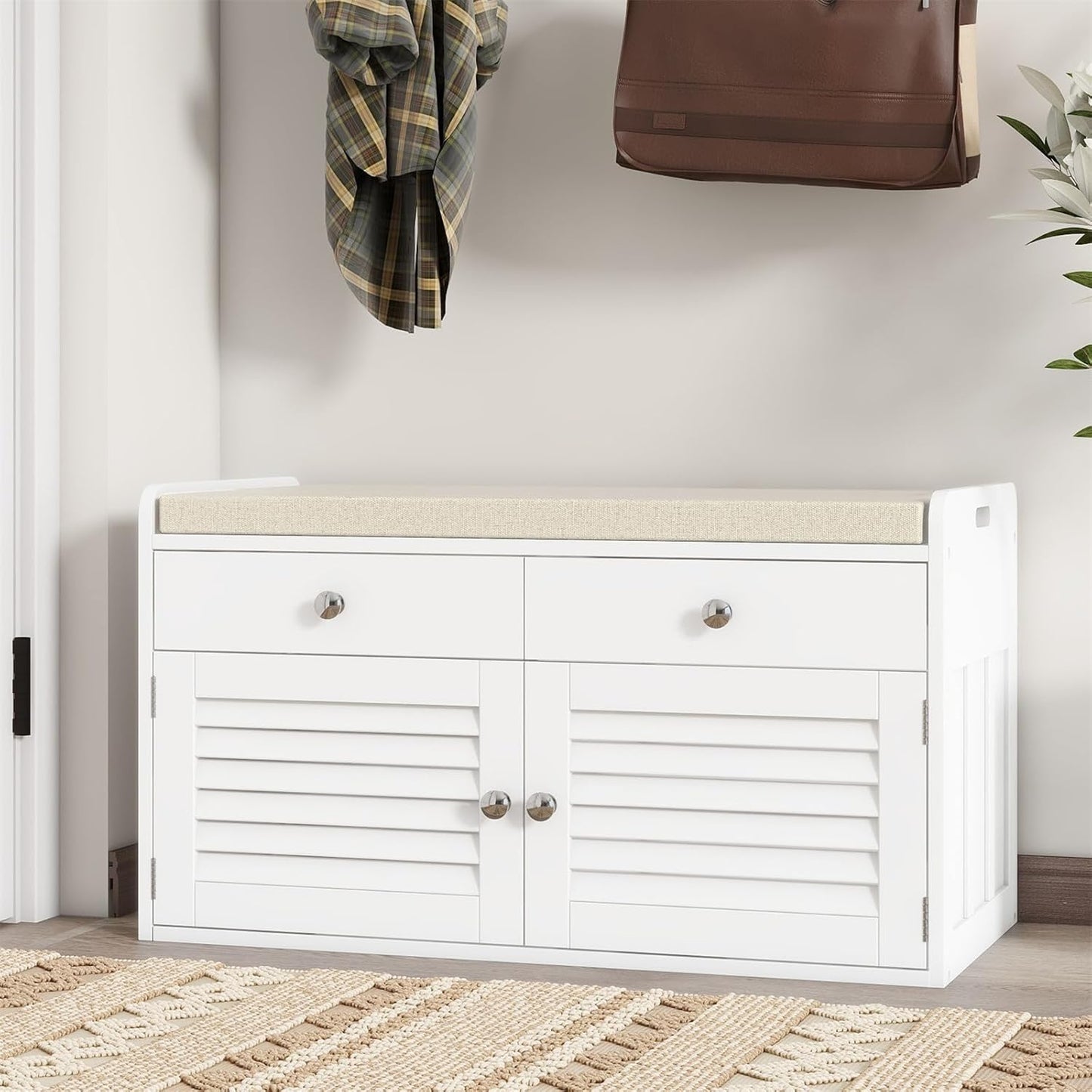 Shoe Storage Bench with 2 Drawers & 2 Doors, Entryway Bench with Cushion, 2 Adjustable Shelves, Shoe Cabinet for Entryway, Living Room, Hallway, Mudroom, Bedroom, White
