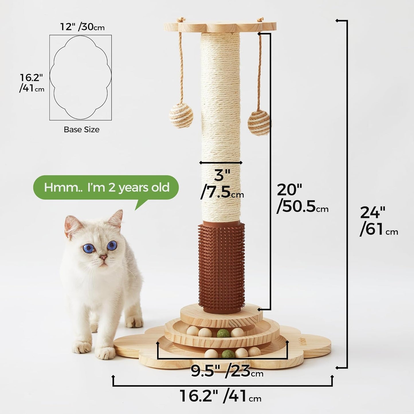 Cat Sisal Scratching Post, 4 in 1 Wooden Cat Scratcher Toy with Groomer, 24" Tall Scratch Post with 2-Layer Interactive Track Balls, Cat Climbing Tree with 2 Hanging Balls for Kittens