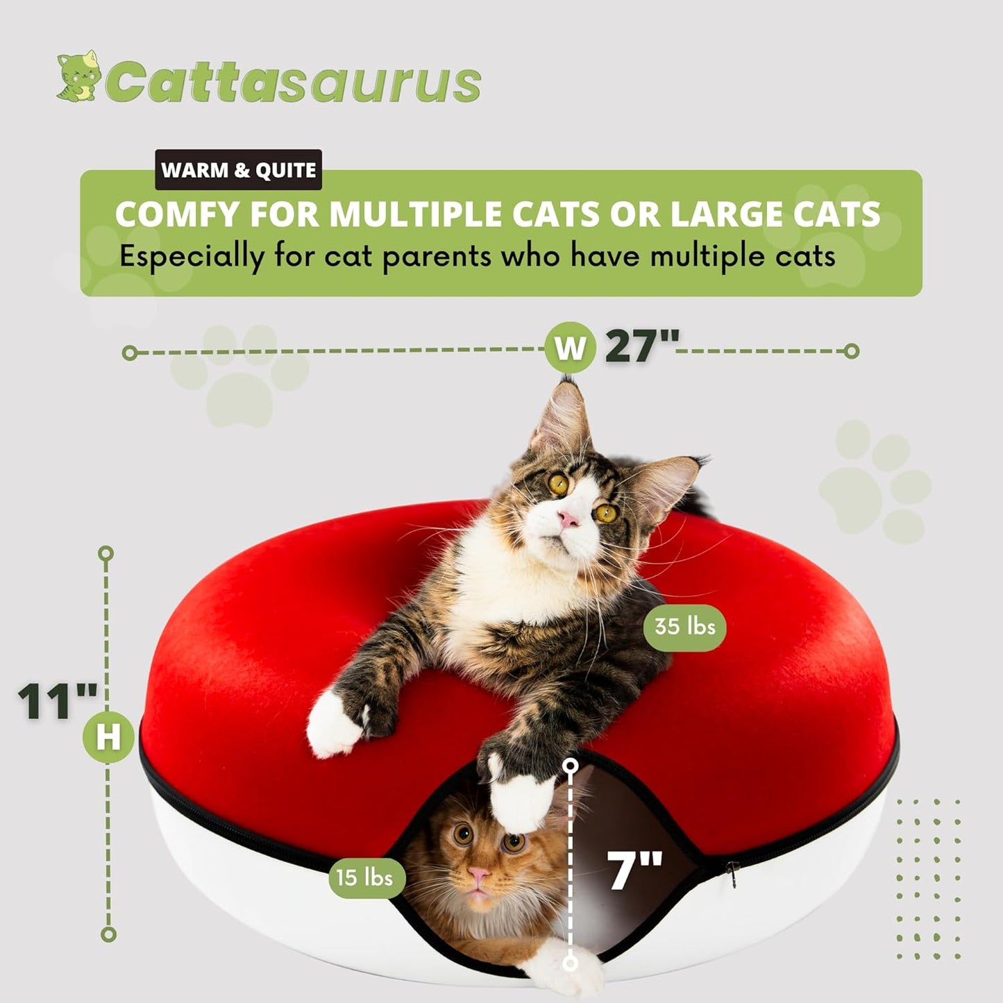 Cattasaurus Peekaboo Cat Cave, Extra Spacious for Multiple & Large Cats 12+ lbs, Scratch Detachable Cat Beds for Indoor Cats, Washable Tunnel Bed, Comfy Cat Donut Tunnel (Ruby Snowball, Jumbo)