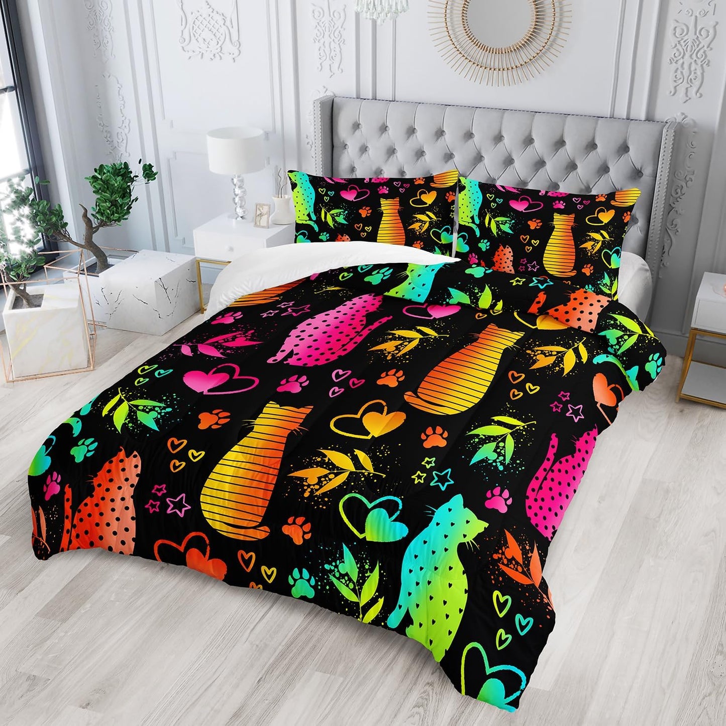 Kawaii Cat Animal Comforter 3Pcs Twin Lovely Pet Cat Bedding Set for Kid Teen Girl Boy Adult Room Decor Cartoon Kitten Paw Heart Bamboo Leaf Pattern Quilt with 1 Comforter and 2 Pillowcases
