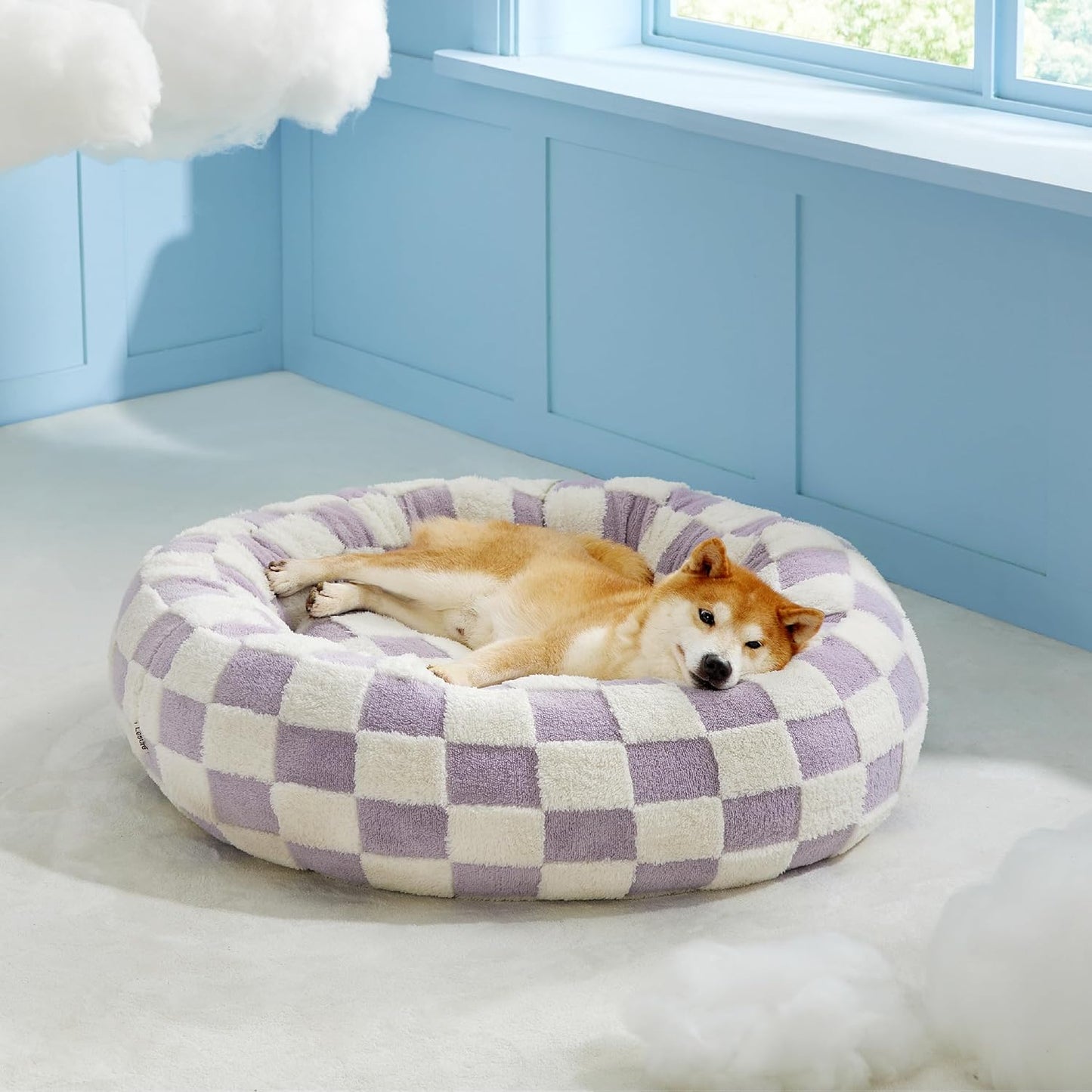 LE SURE Donut Large Dog Bed - Round Cat Beds for Indoor Anti-Anxiety Calming Pet Beds, Washable Cute Modern Beds with Teddy Sherpa Plush & Anti Slip Bottom, 36 Inch, Purple