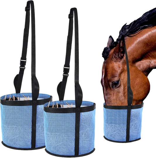 2 Pcs Horses Feed Horse Bag for Grain Hay Bags Heavy Duty Mesh Horse Feeder with Adjustable Strap Comfort Neck Pad Nose Pad and Waterproof Bottom Muzzle(Blue)