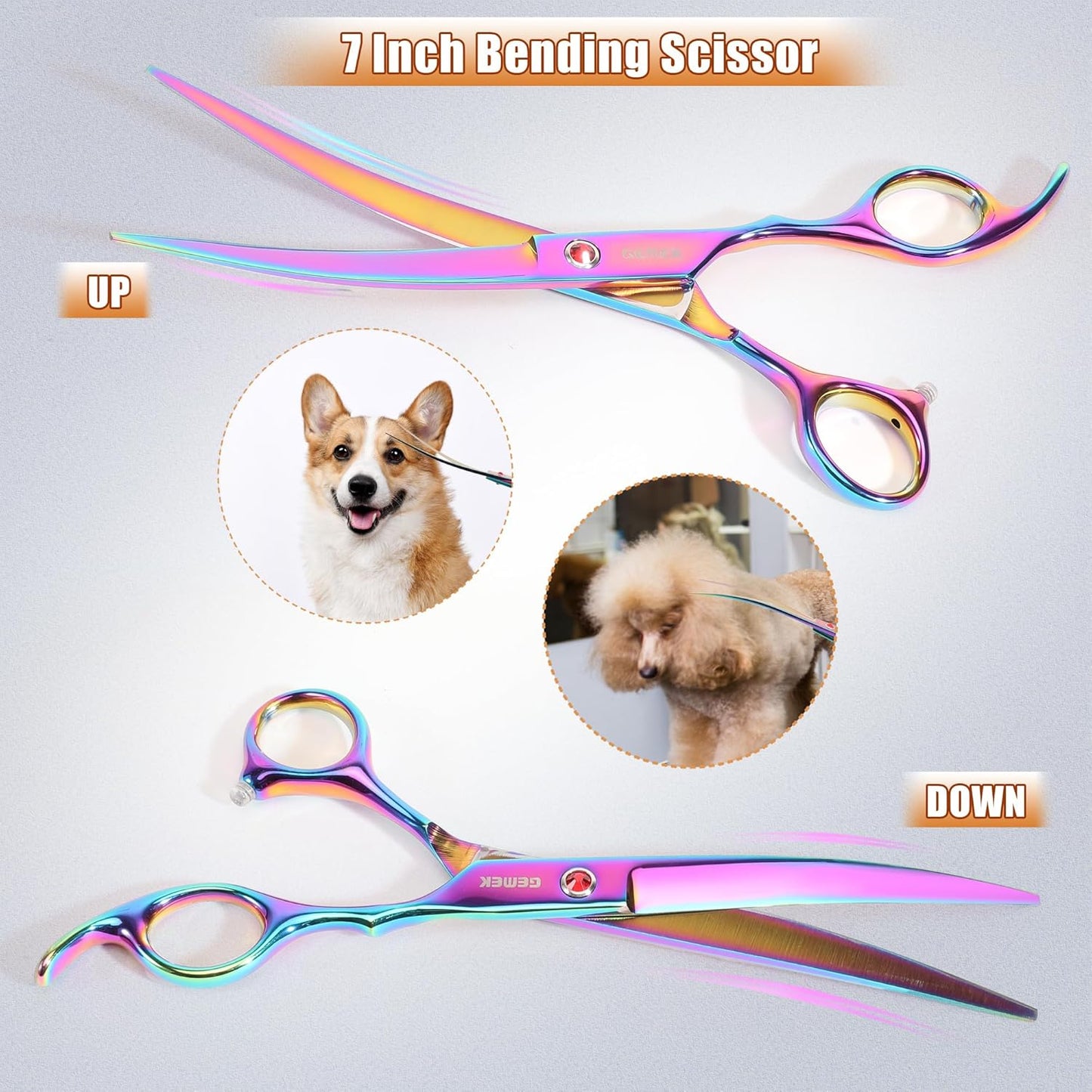7.0in Titanium Professional Pet Grooming Scissors Set, GEMEK 6 in 1 Straight & Thinning & Upwards Curved & Downwards Curved Scissors & Comb for Dogs, Cats (Rainbow)