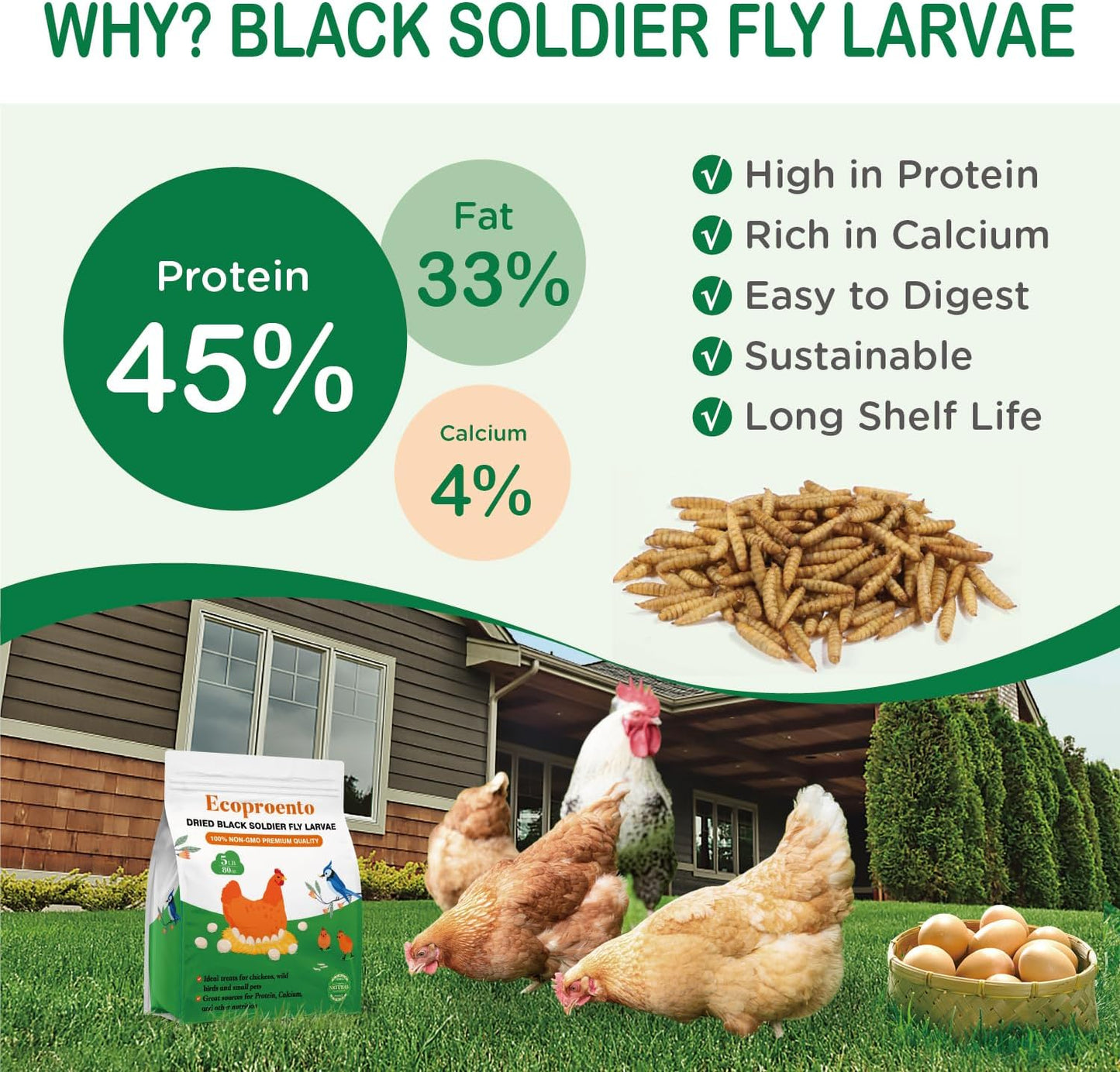 Ecoproento Dried Black Soldier Fly Larvae 10LB - High Calcium Chicken Feed - 85X More Calcium, High Protein Non-GMO Mealworms for Wild Birds, Ducks, Turkeys, Quails, Turtles, Chickens Treats