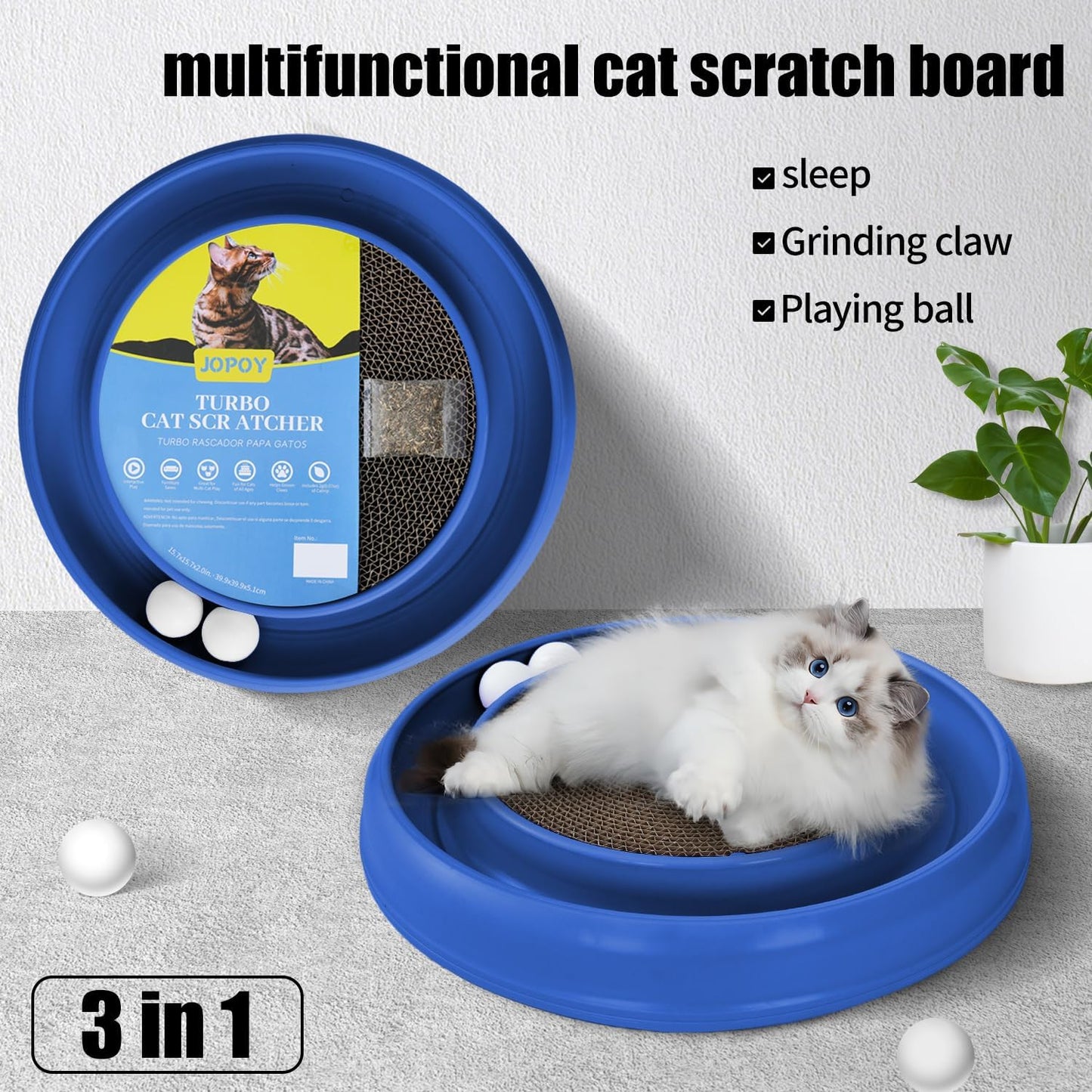 Interactive Cat Scratcher with Two Rotating Balls,Durable Scratch Pad for Indoor Play,Cardboard Cat Scratcher Pad with Cat Toy Ball Track and Catnip,2-in-1 Cat Toy (Blue)