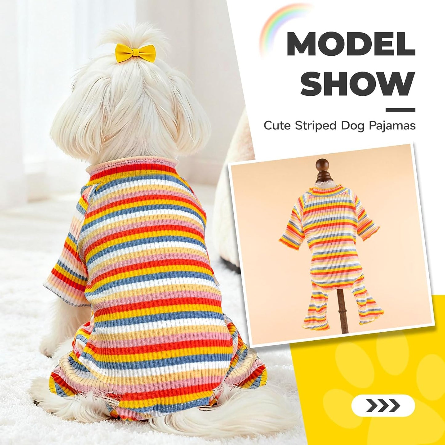 BAEJMJK Striped Dog Pajamas Stretchy Cute Four-Legged Boy Girl Dog Clothes with Sleeves Comfortable Dogs Jumpsuit Colorful Pet Puppy Outfits Apparel for Small Medium Dogs Cats(Yellow,Small)