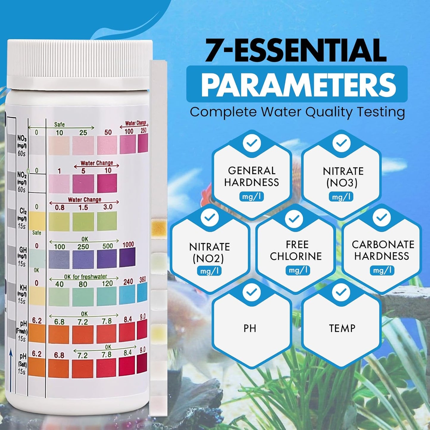 7 in 1 - Aquarium Test Strips | 100 Fast & Accurate Strips | Fish Tank Aquariums Water Test Kit & ebook | Aquarium Thermometer | Fish Tank Water Testing Kit for Fresh & Saltwater | Versatile Usage