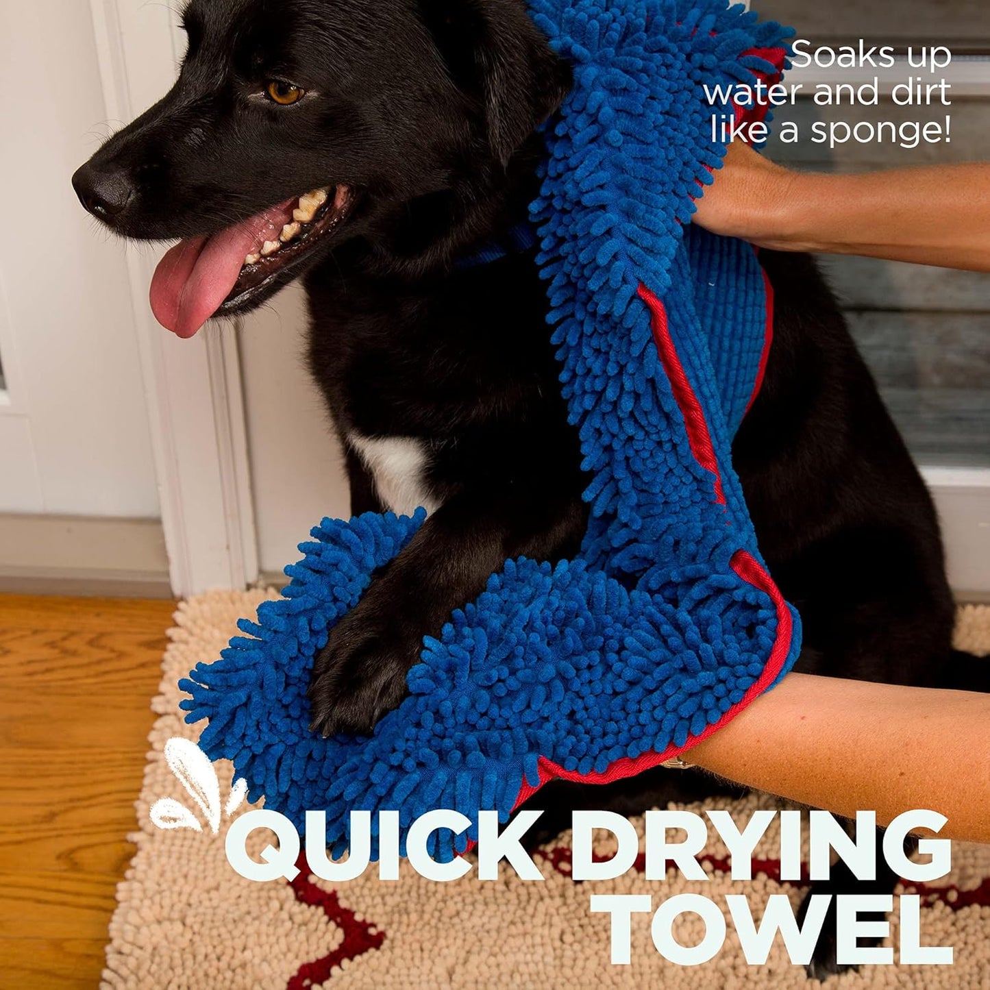 Soggy Doggy Super Shammy Dog Towel - Microfiber Chenille Towel for Drying Dogs and Cleaning Paws - Fast Drying with Hand Pockets for Ease (Blue/Red Trim, 31” x 14”)