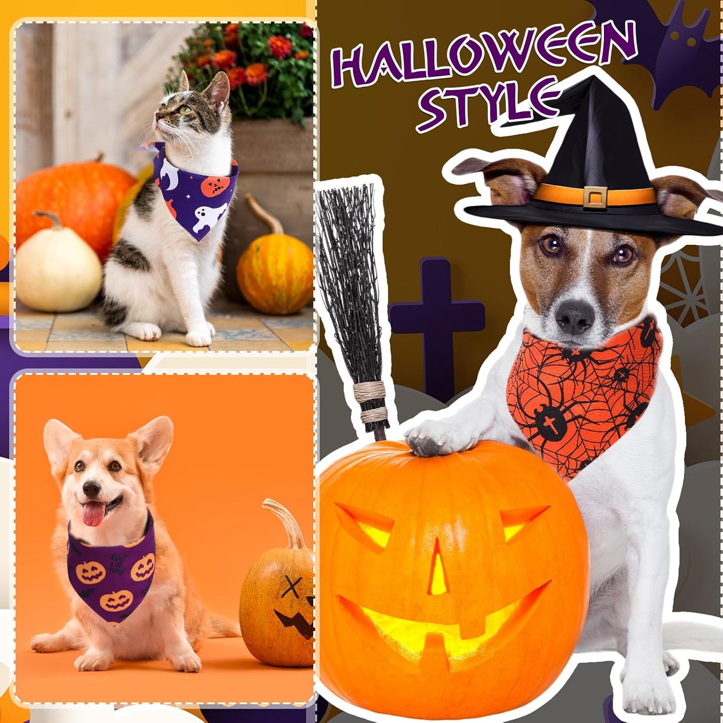 Abbylike 50 Pcs Halloween Dog Bandanas Bulk Pumpkin Bandanas for Dogs Triangle Kerchief Bibs Scarf Set for Pet Halloween Costume Photo Props Accessories Pet Shops, 25 Styles (19.7 x 13.8 x 13.8")