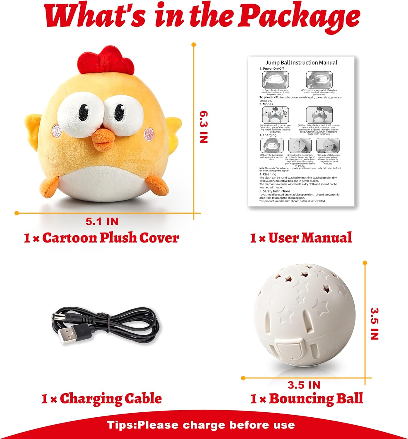 Interactive Dog Toys, Squeaky Moving Ball Toy with Jumping & Music Modes, Rechargeable Plush Chew Toys for Small/Medium/Large Dogs to Keep Puppy Busy Pet Toys (Chick)