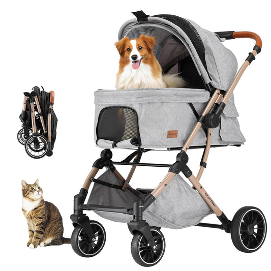 EchoSmile Small Medium Dogs Stroller 4-Wheel Pet Strollers for Medium Dogs Up to 50lbs, One Click Folding Large Cat Stroller, Reversible Handle, Shock Absorbing Wheels, Removable Washable Pad