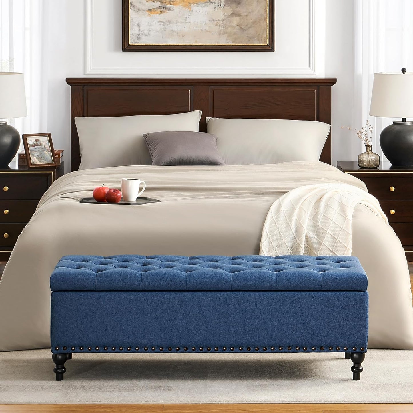Ottoman with Storage,50.2-inch Upholstered End of Bed Storage Bench for Bedroom,for The Living Room,for Entryway, with Rivets & Button and Safety Hinges,Detachable (Blue)