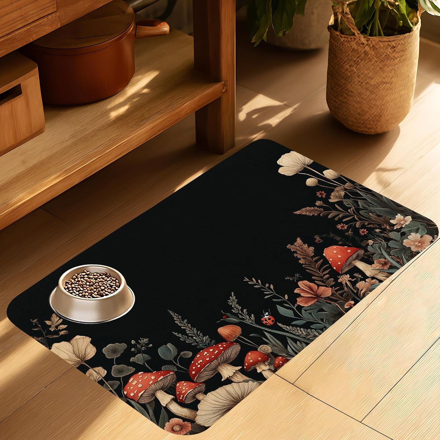 Vintage Mushroom Flower Pet Cat Dog Food Mat-Absorbent Quick Dry Feeding Placemat for Water and Food, No Stains Rubber Base Mat for Indoor Use, Pet Accessories 16"x24"