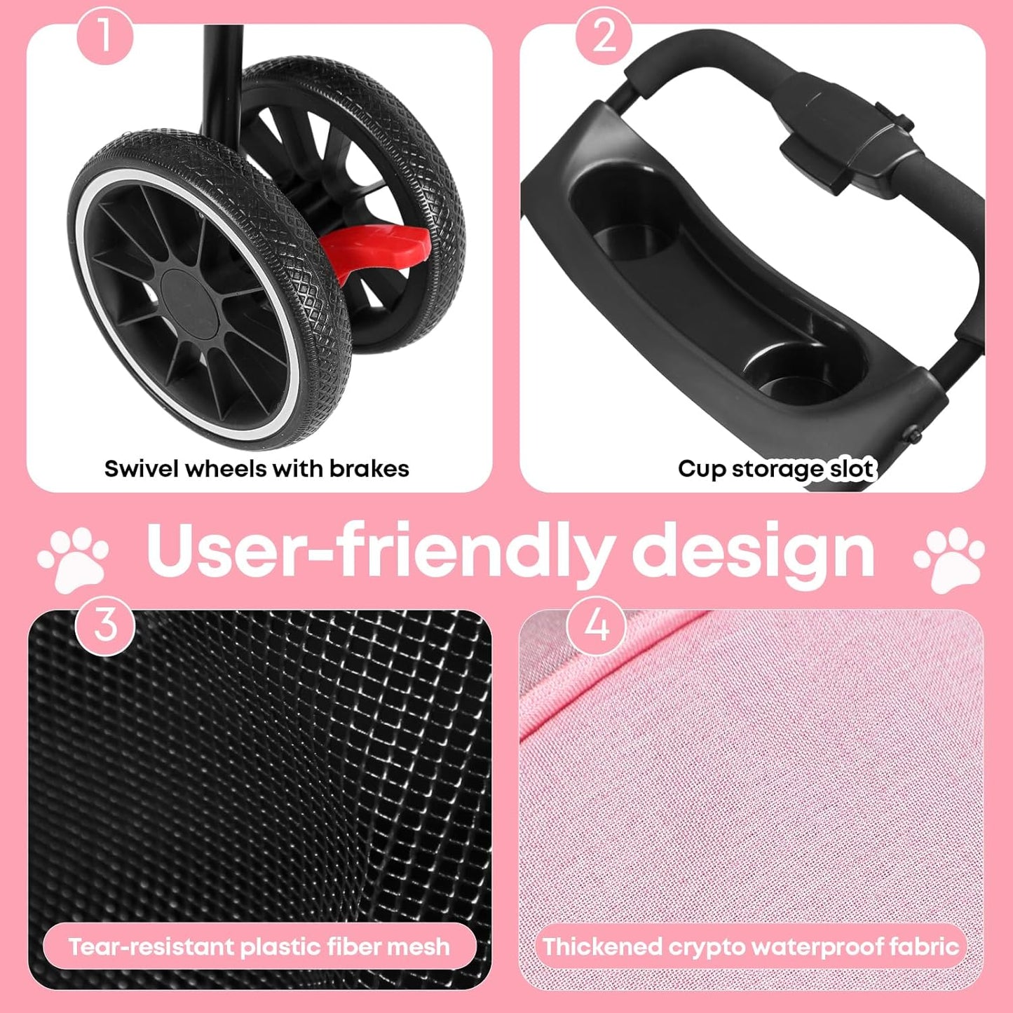 Pet Stroller,Dog Stroller for Small Medium Dogs Cats,3 Wheels,Foldable,with Breathable Mesh Canopy,Cup Holders,Easy Assembly,Pink