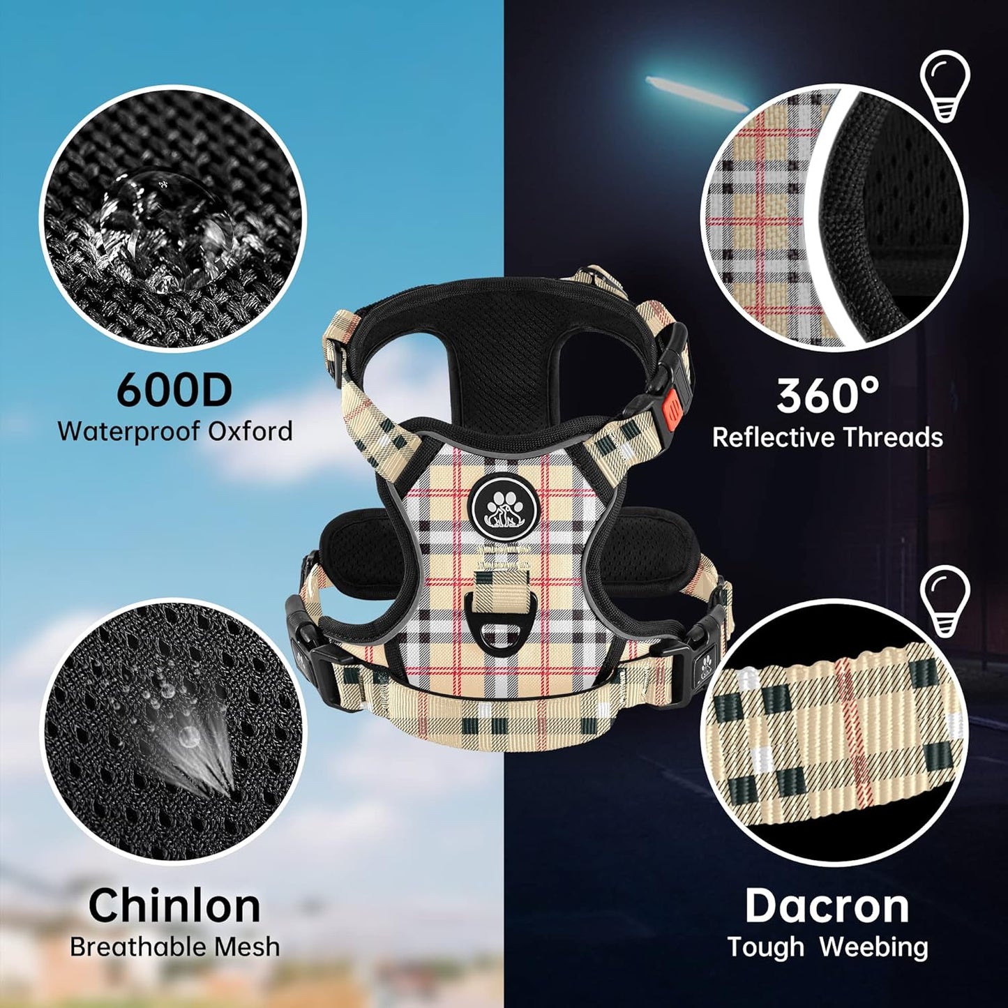 NESTROAD No Pull Dog Harness with Leash, Reflective No Choke Pet Vest Harness,Adjustable Soft Padded Dog Harness with Easy Control Handle for Medium Dogs(Checkered Beige,Medium)