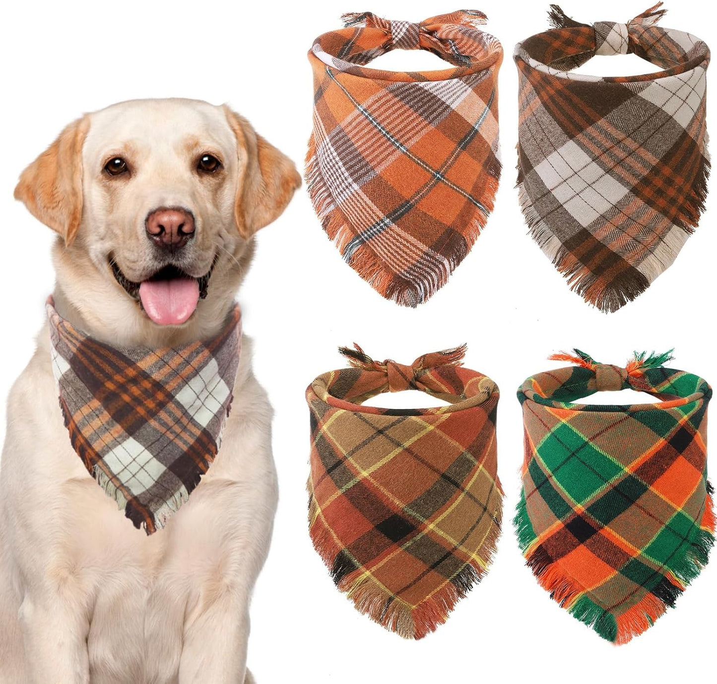 KOOLTAIL Thanksgiving Fall Dog Bandanas 4 Pack - Soft Breathable Washable Plaid Pet Scarf Bibs Kerchief, Dog Autumn Costume, Holiday Triangle Towel for Girl Boy Small Medium Large Dogs Cats, Orange L