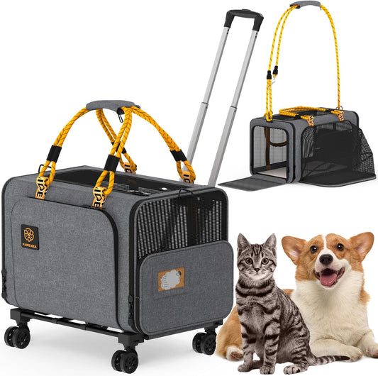PAWZIDEA Expandable Pet Carrier with Wheels, 24x16x16in Large Cat Carrier for 2 Cats, Soft-Sided Dog Carriers for Small Medium Dog, Collapsible Rolling Travel Bag w/Telescopic Handle, Shoulder Straps