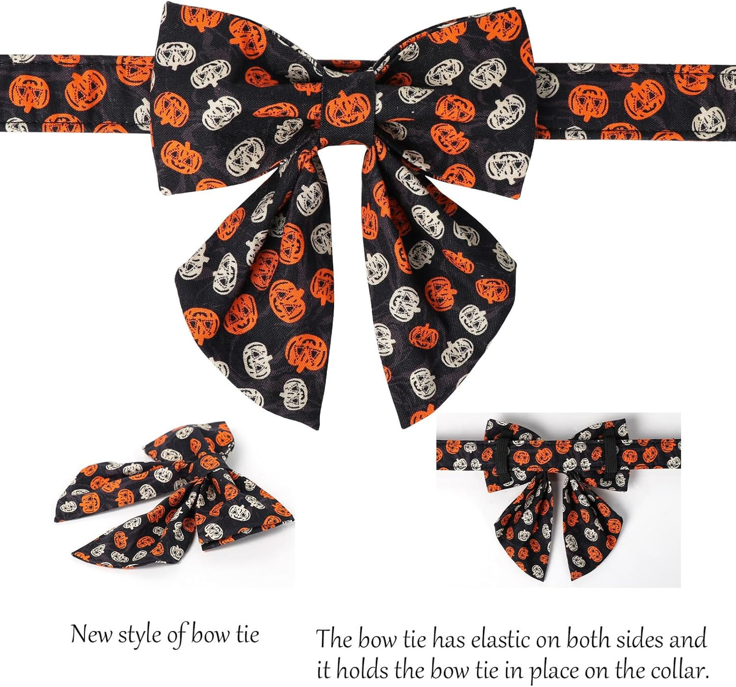 Lionet Paws Halloween Dog Collar with Bowtie - Cute Cotton Adjustable Black Bowtie Dog Collar with Metal Buckle for Small Medium Large Dog Girl Boy Gift, L, Neck 16-24in