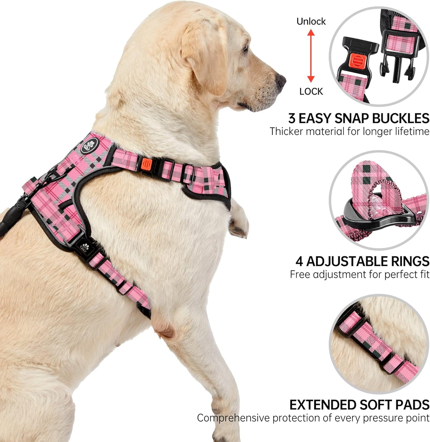 NESTROAD No Pull Dog Harness with Leash, Reflective No Choke Pet Vest Harness,Adjustable Soft Padded Dog Harness with Easy Control Handle for Large Dogs(Checkered Pink,X-Large)