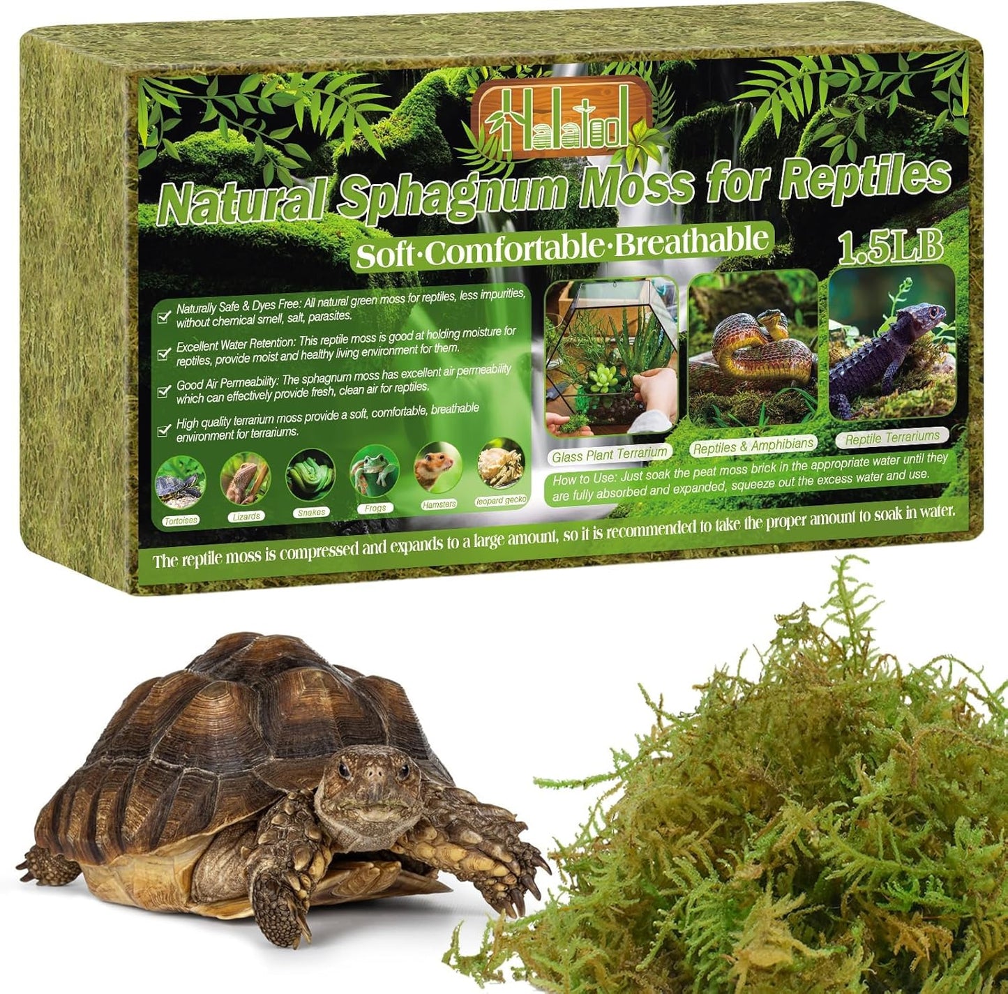 Halatool 1.5LB Natural Sphagnum Moss for Reptiles- 80QT Green Live Moss for Terrarium Plants Long Fiber Reptile Moss for Leopard Gecko Snake Hamsters Tortoises Frogs Lizards Salamanders