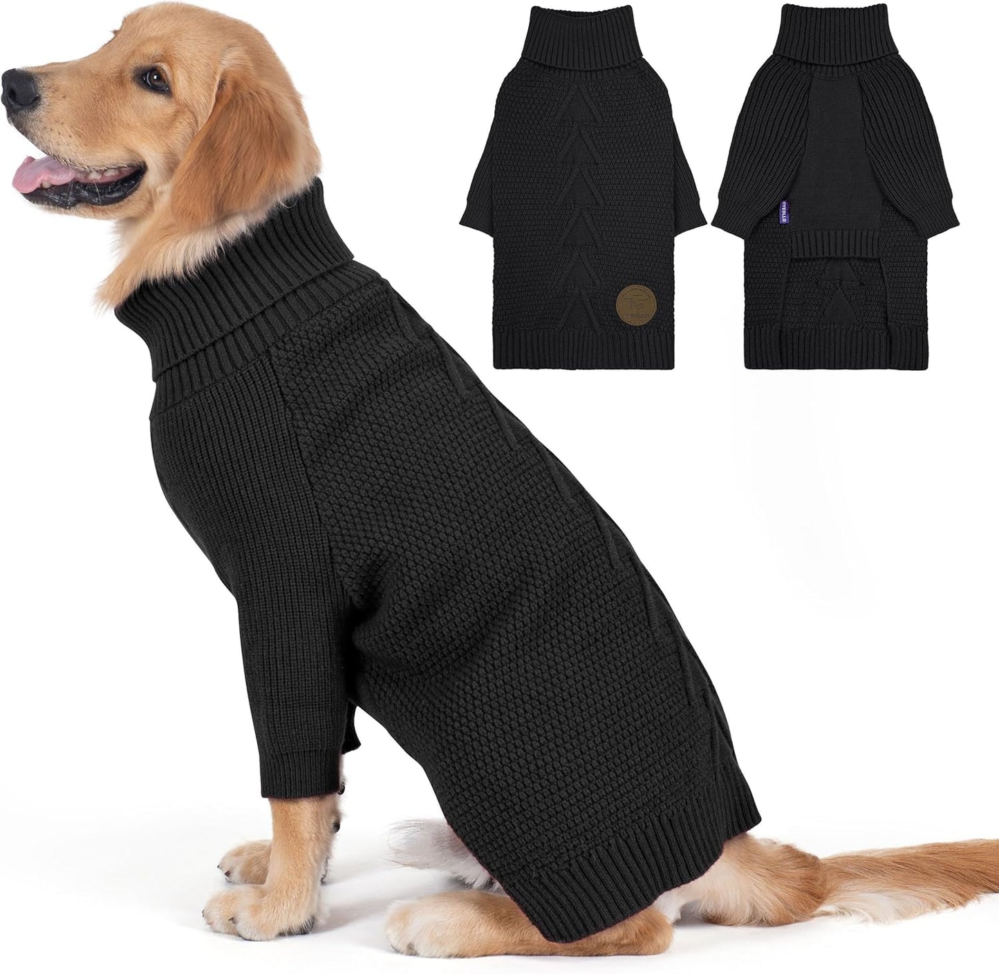 cyeollo Warm Stretchy Sweaters for Medium to Large Dogs Boy & Girl, Pullover Knitted Thermal Winter Big Dog Clothes with Sleeves Turtleneck Pet Beagle Border Collie Apparel, Black XXL