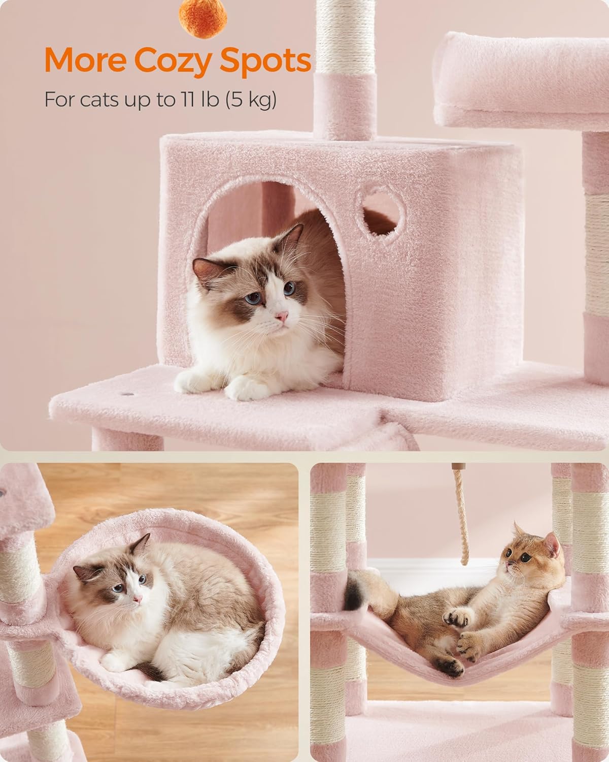 Feandrea Cat Tree, 66.1-Inch Large Cat Tower with 13 Scratching Posts, 2 Perches, 2 Caves, Basket, Hammock, Pompoms, Multi-Level Plush Cat Condo for Indoor Cats, Jelly Pink UPCT165P01