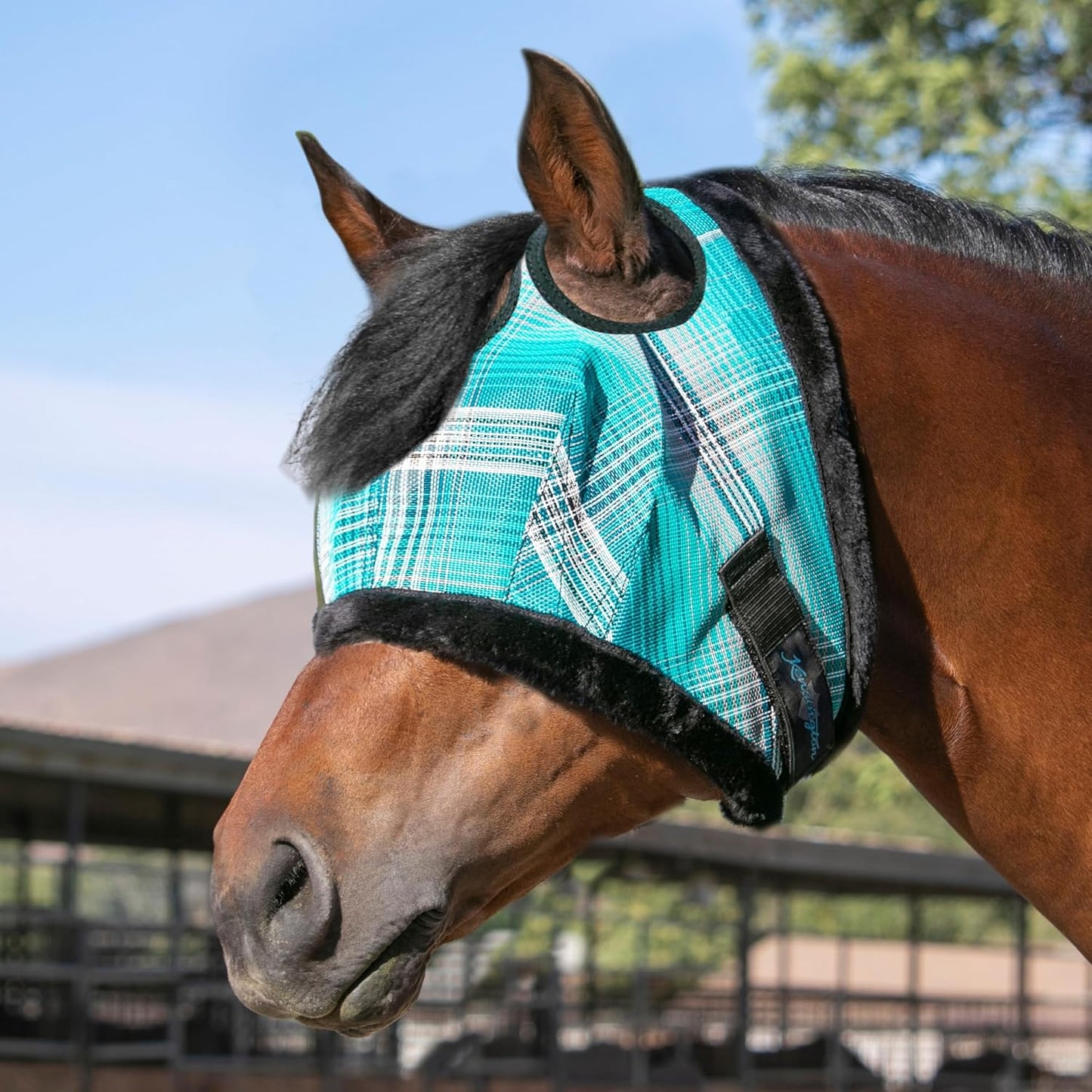 Kensington UV Fly Mask with Fleece Trim - Protective Mask with Dual Ear Opening & Forelock Freedom - Large, Atlantis