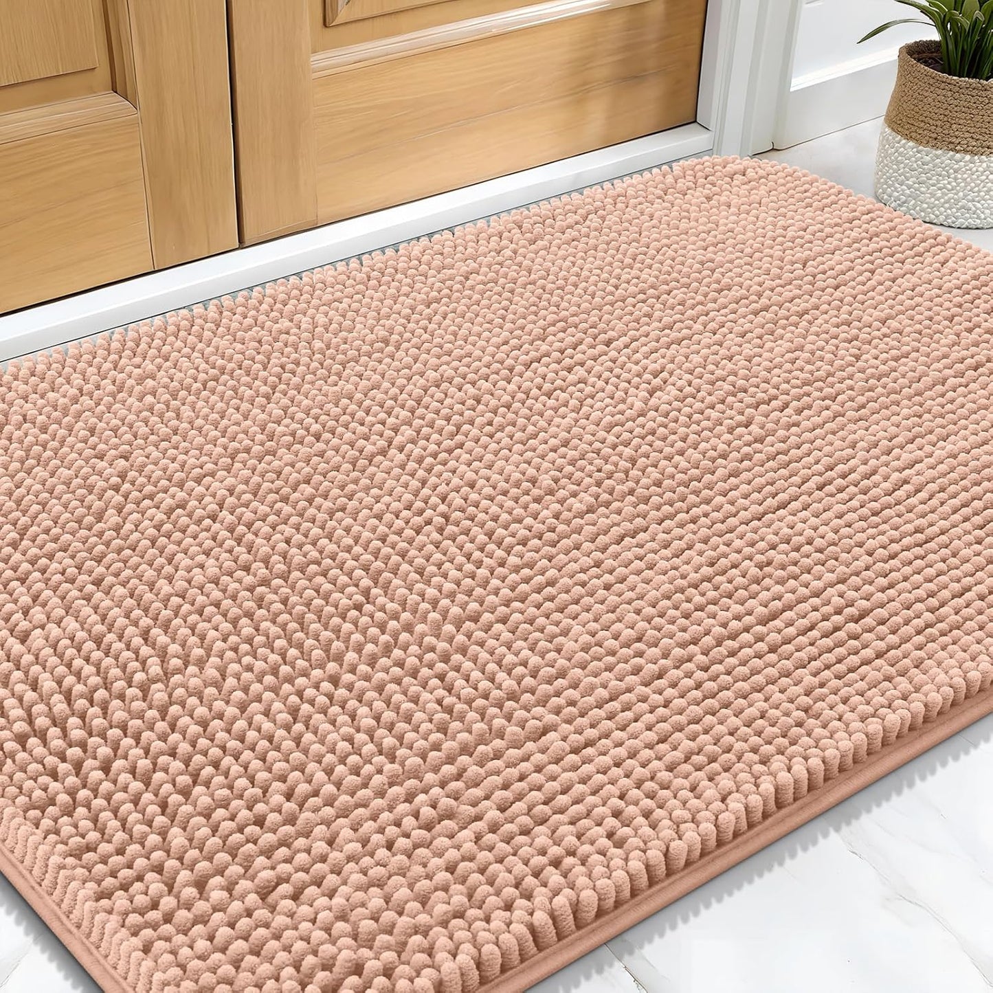 OLANLY Dog Door Mat for Muddy Paws 30x20, Absorbs Moisture and Dirt, Absorbent Non-Slip Washable Doormat, Quick Dry Chenille Mud Mat for Dogs, Entry Indoor Entryway Carpet for Inside Floor, Peach