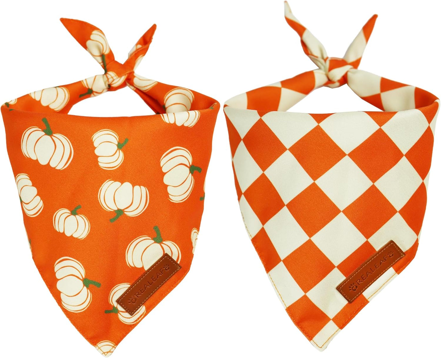 Realeaf Thanksgiving Fall Dog Bandanas 2 Pack, Orange Plaid Pumpkin Pet Scarf for Boy and Girl, Premium Durable Fabric, Holiday Halloween Bandana for Large and Extra Large Dogs(Fall, X-Large)