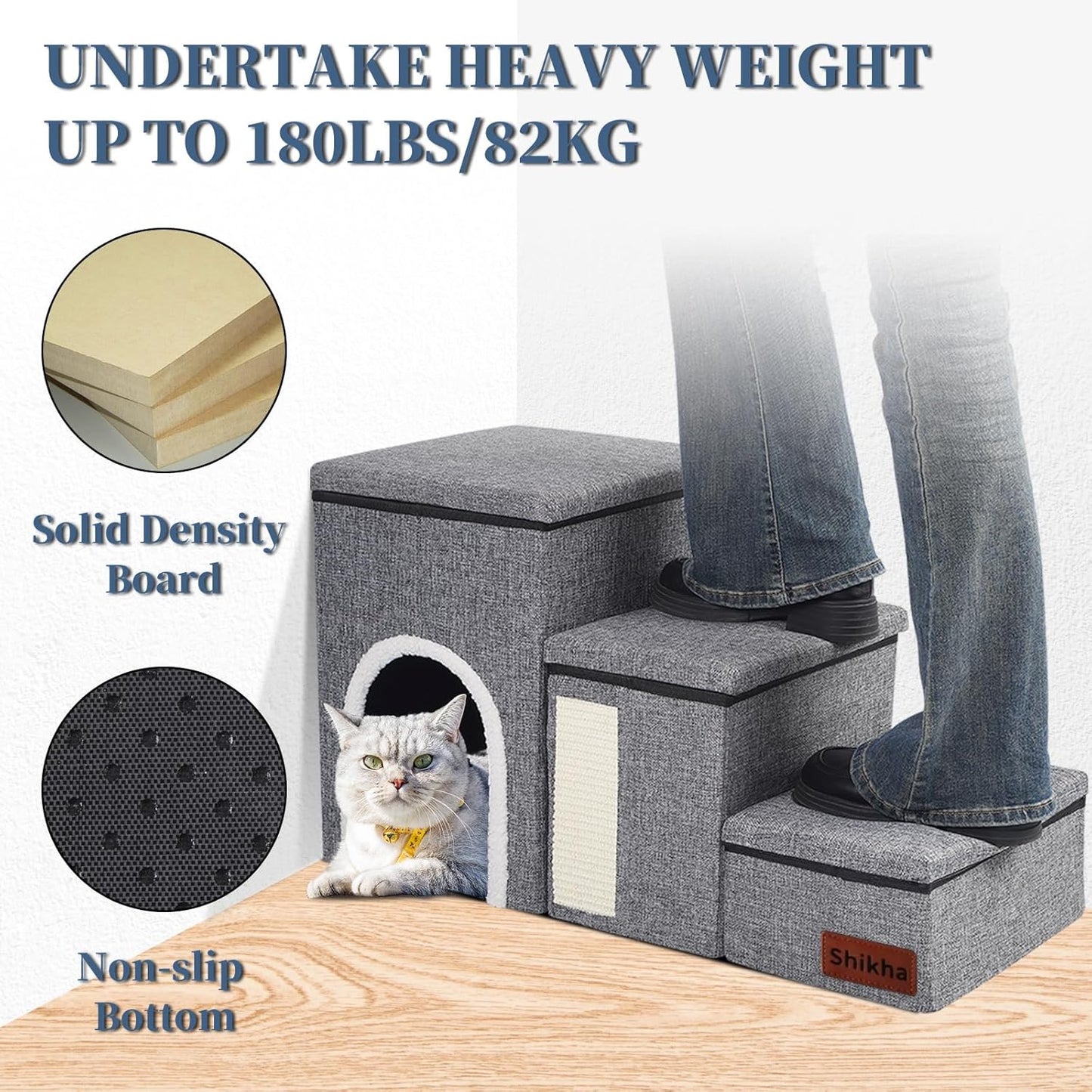 Dog Stairs for High Bed and Couch, 4 IN 1 Foldable Pet Stairs for Cats & Small and Medium Dogs, Adjustable Dog Steps with Pet Climbing Ladders/Cozy Condo/Storage Boxes/Cat Scratcher, Hold Up to 180LBS